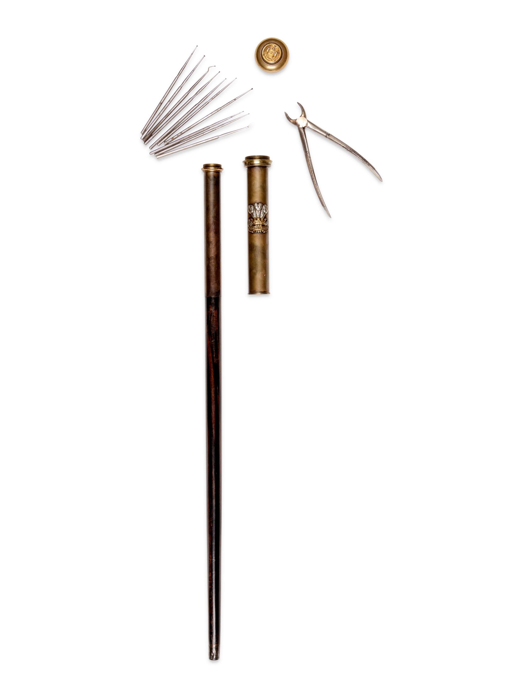 An English Silvered Metal Mounted Brass 'Leinster Regiment' Dentist's Walking Stick