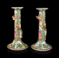A Pair of Chinese Export Rose Medallion Porcelain Candle Holders