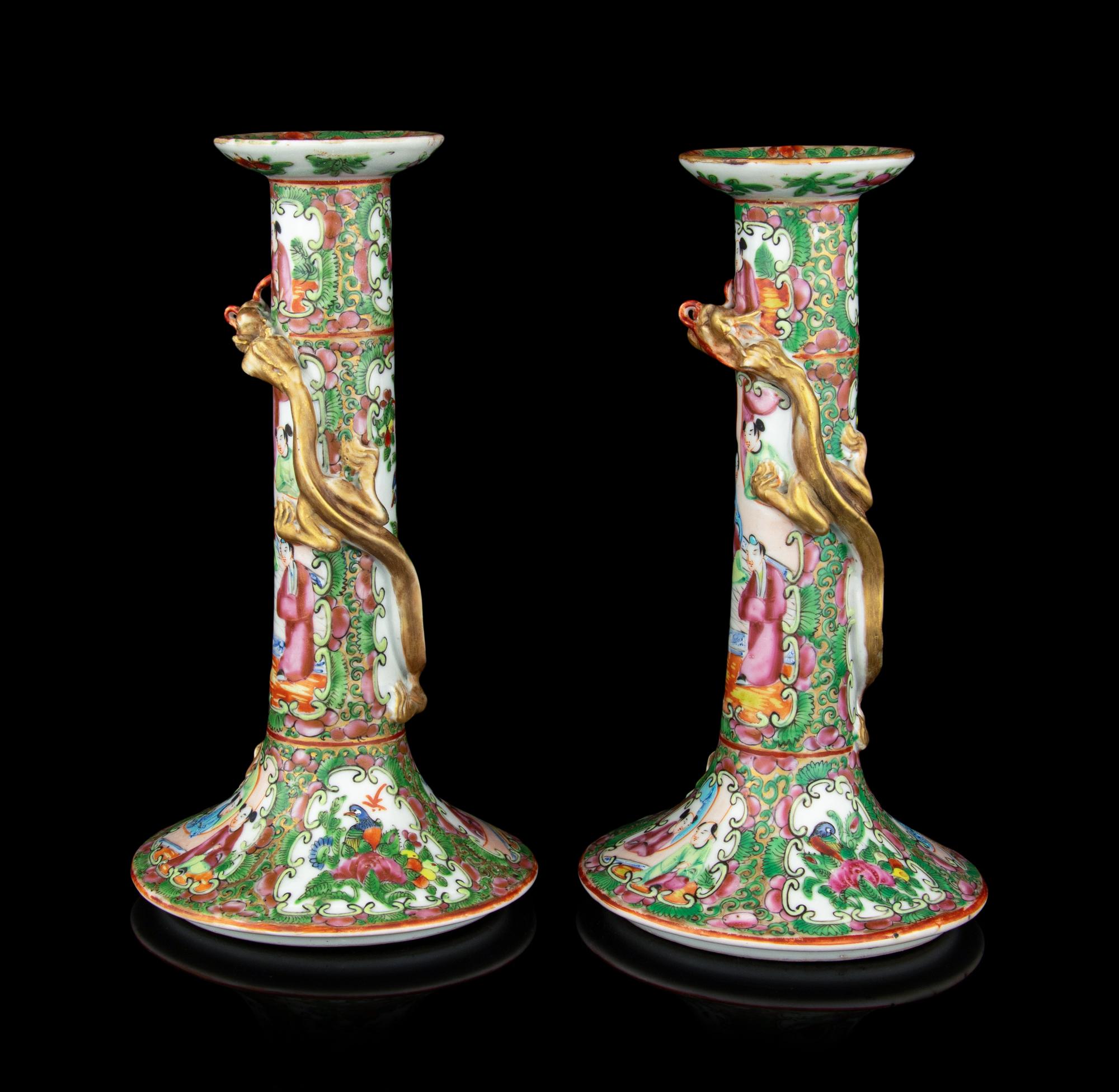 A Pair of Chinese Export Rose Medallion Porcelain Candle Holders