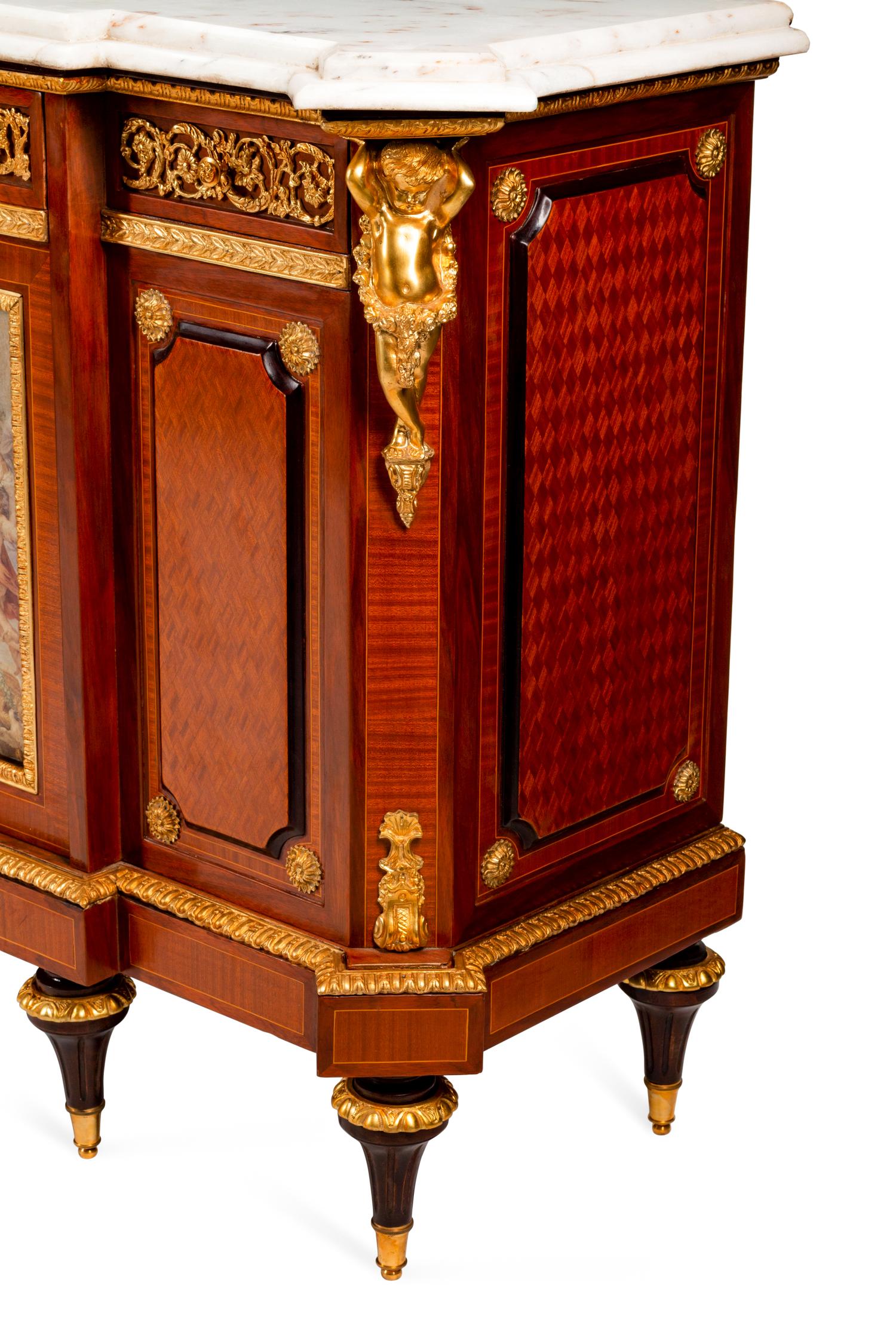 A Pair of Louis XVI Style Gilt Bronze and Porcelain Mounted Marble-Top Cabinets