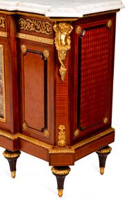 A Pair of Louis XVI Style Gilt Bronze and Porcelain Mounted Marble-Top Cabinets