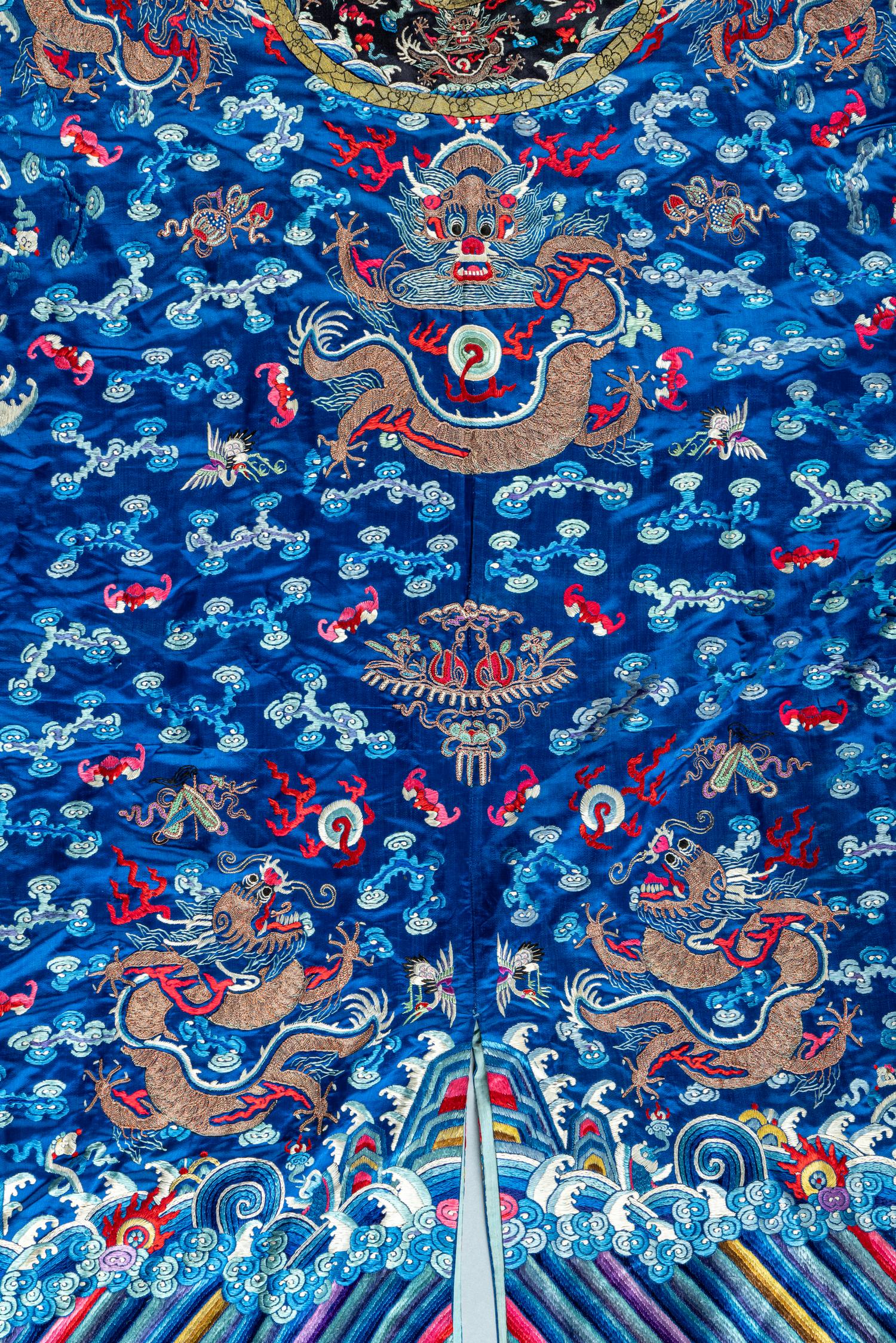 A Chinese Blue Ground Silk Embroidered 'Dragon' Robe