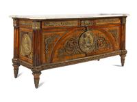 A Louis XVI Style Gilt Bronze Mounted Mahogany Marble-Top Commode à Vantaux