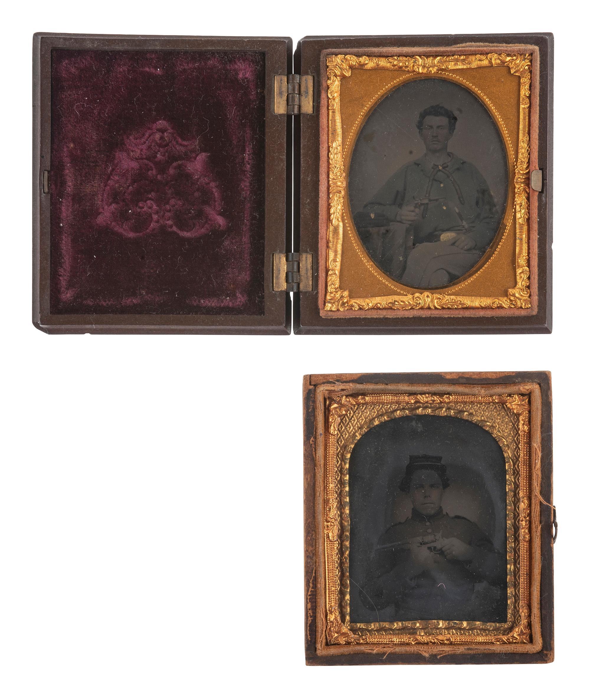 [CIVIL WAR]. A pair of ninth plate tintype portraits of doubly armed federal soldiers.