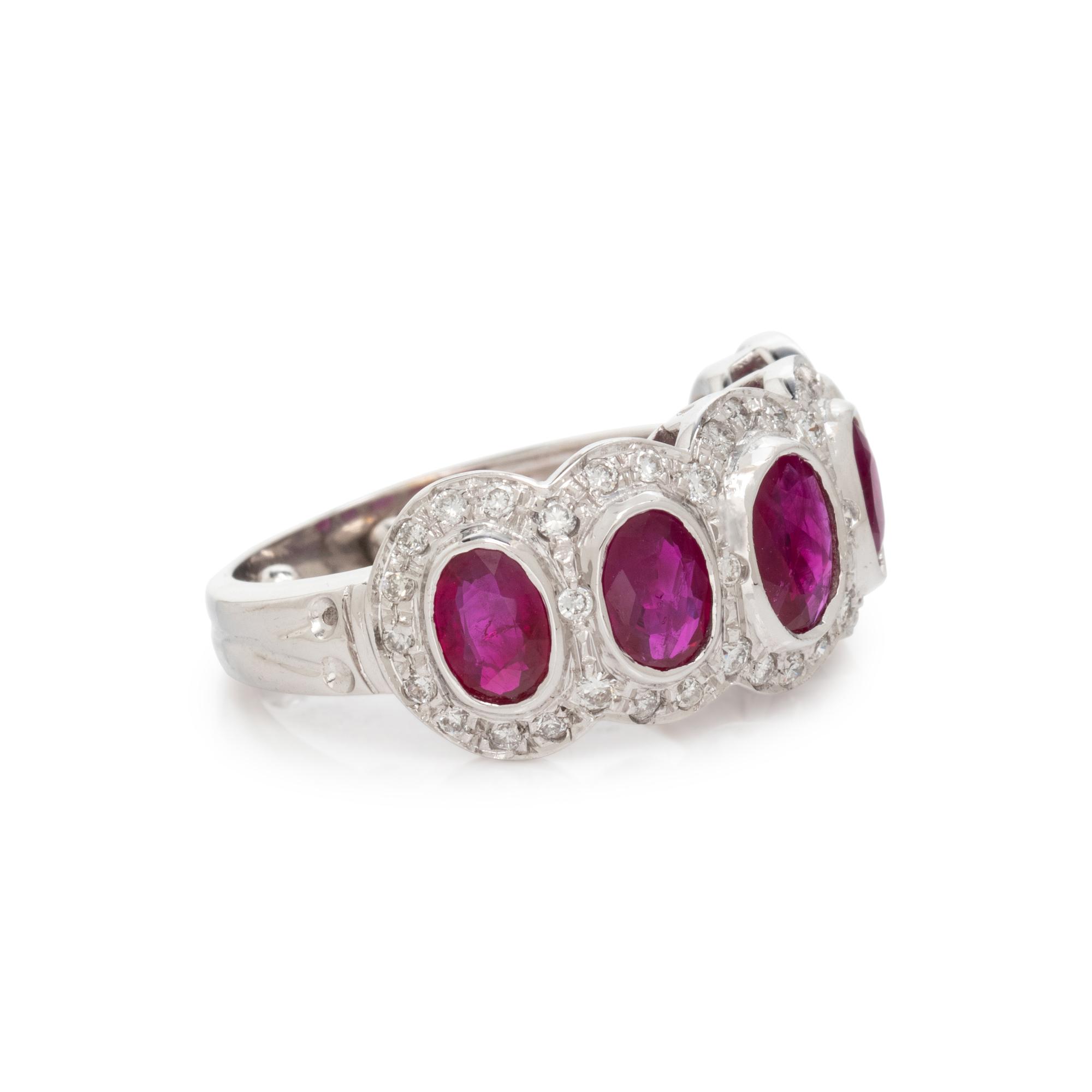 WHITE GOLD, SYNTHETIC RUBY AND DIAMOND RING