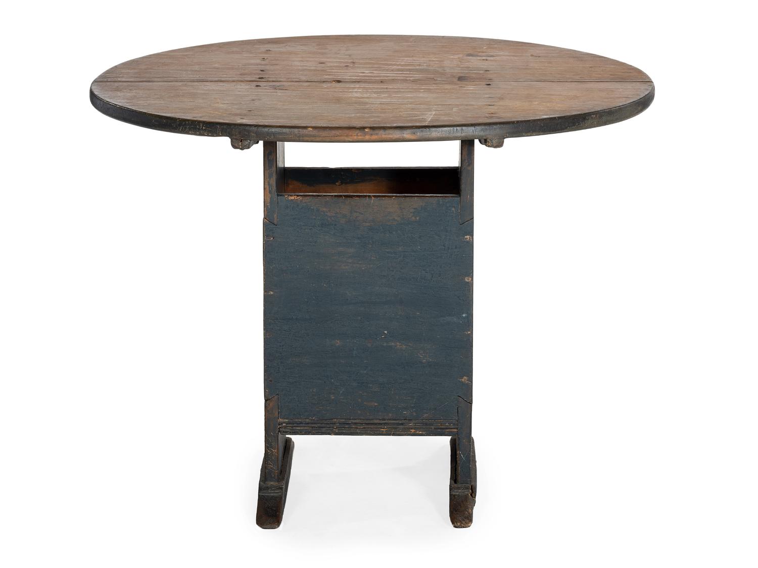 A Country Blue Painted Pine Shoe-Foot Hutch Table