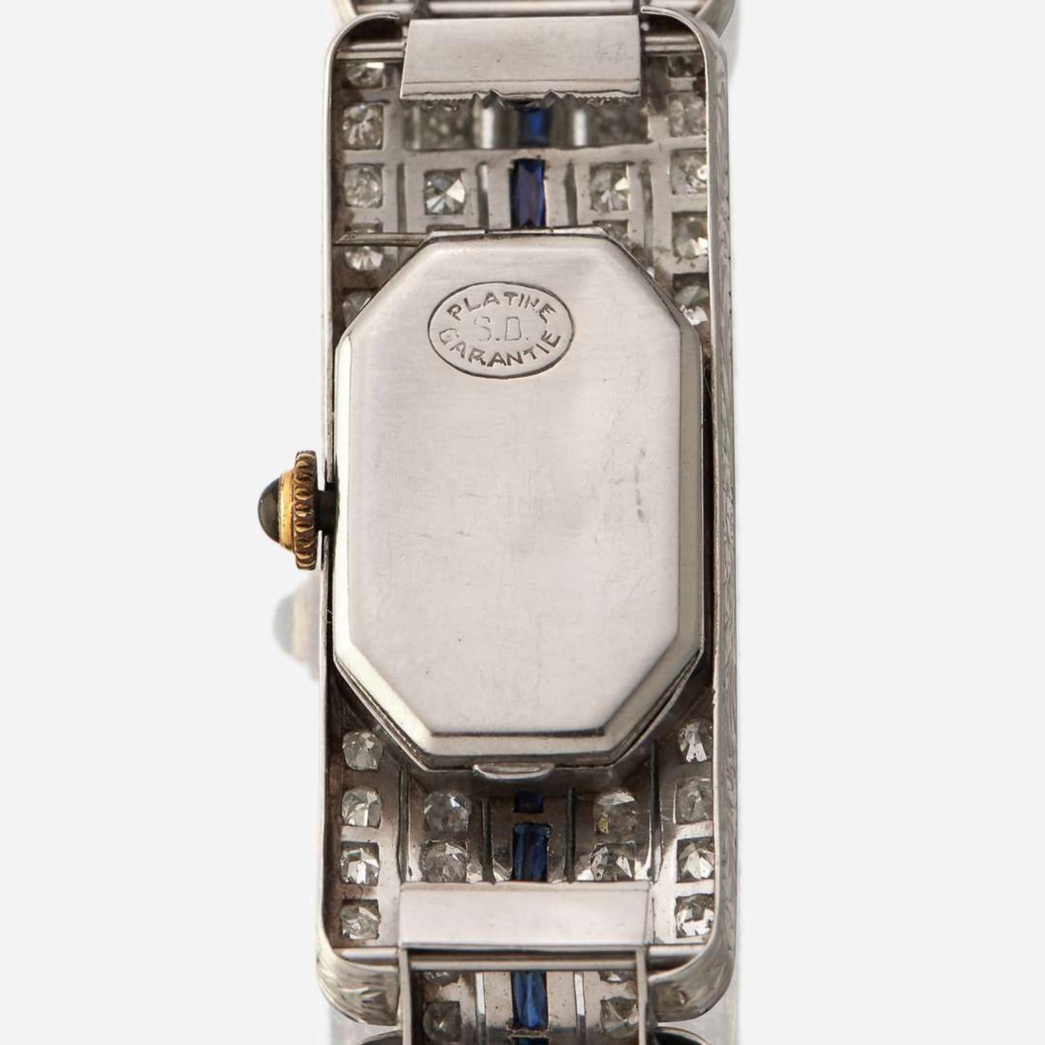 An Art Deco platinum, diamond, and synthetic sapphire bracelet watch, Mauboussin France
