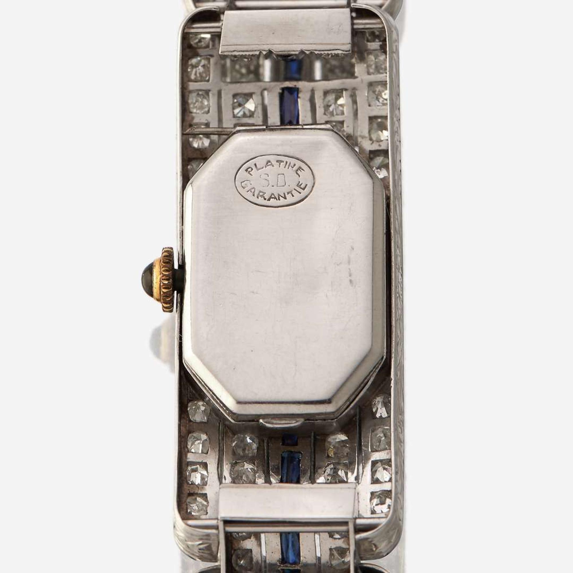 An Art Deco platinum, diamond, and synthetic sapphire bracelet watch, Mauboussin France