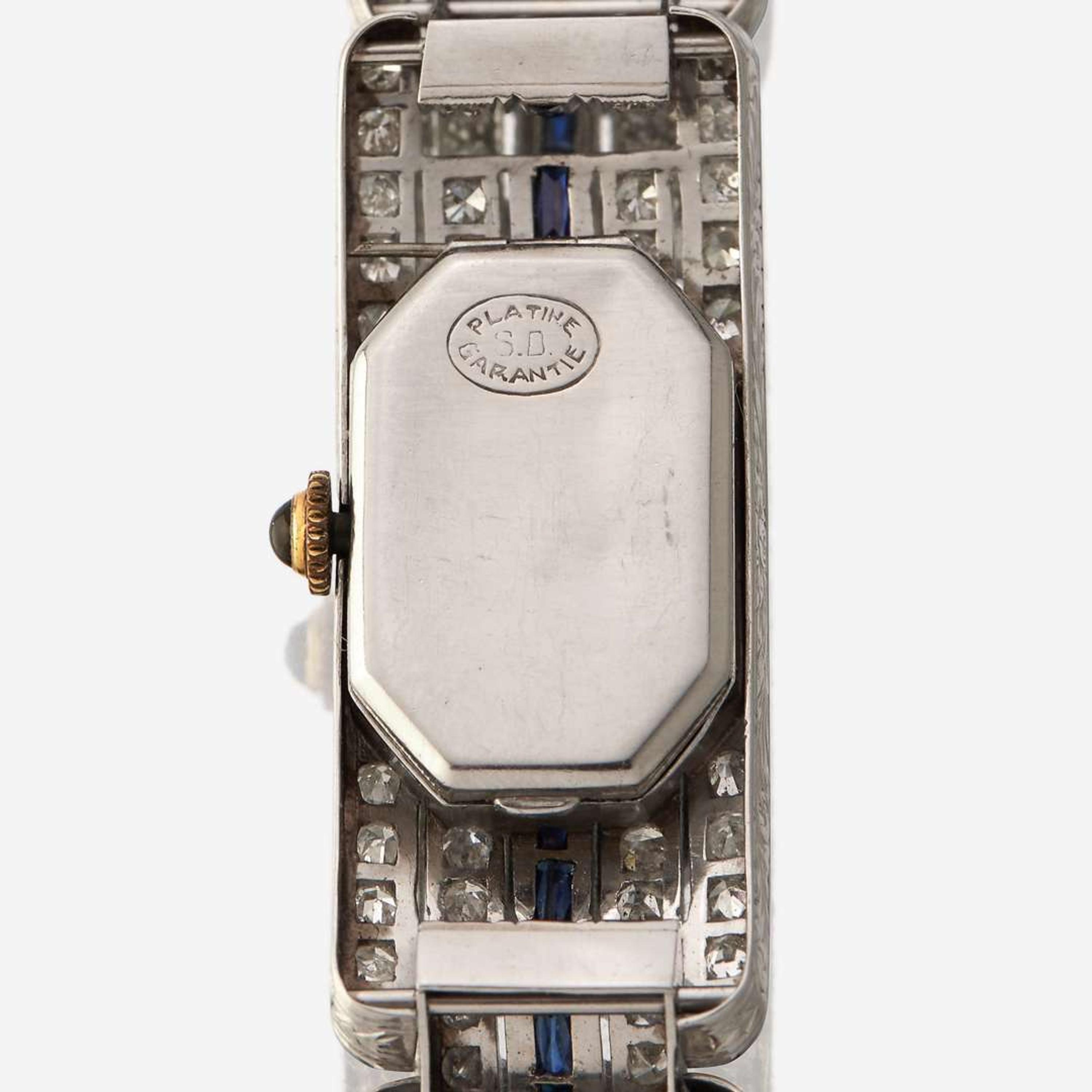 An Art Deco platinum, diamond, and synthetic sapphire bracelet watch, Mauboussin France