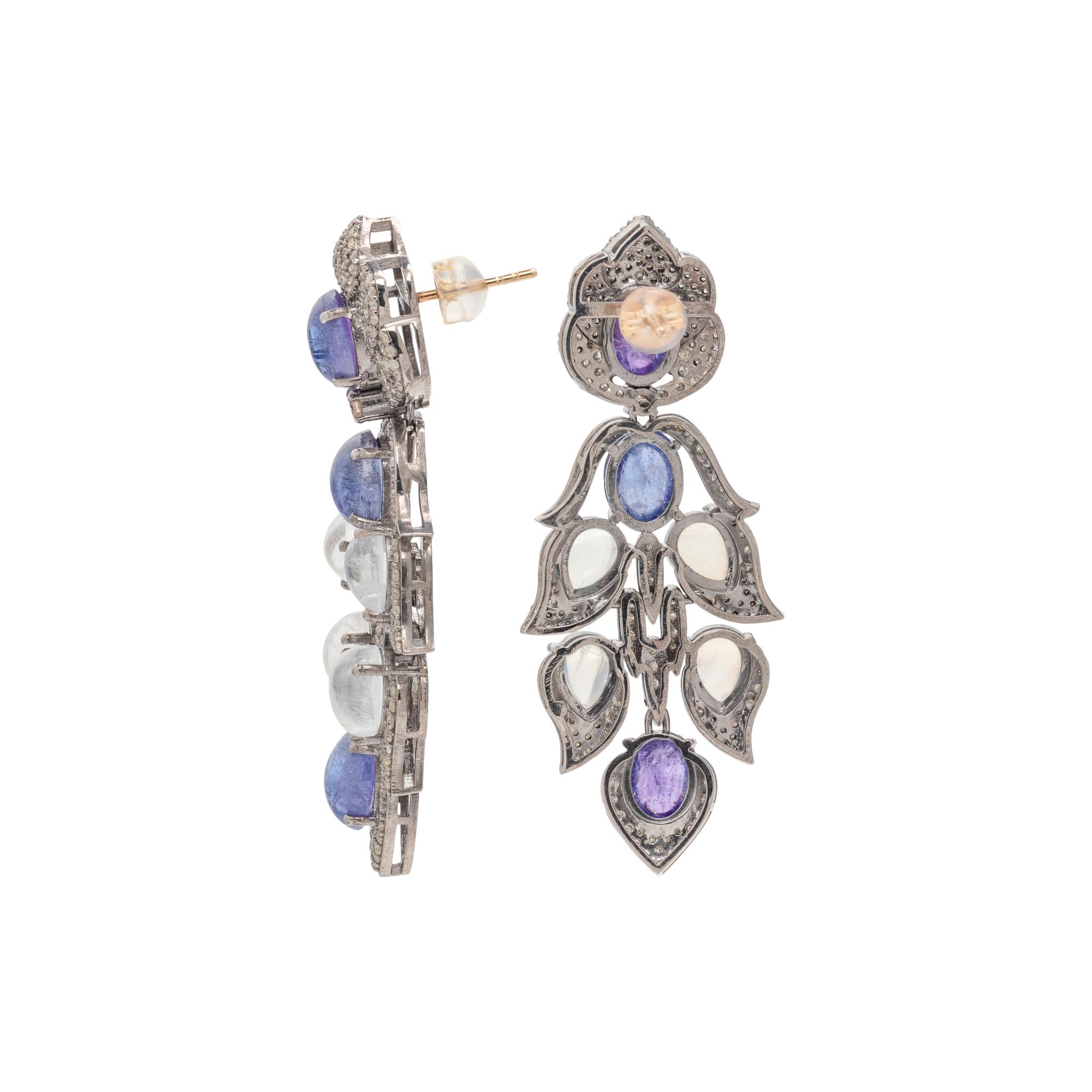 TANZANITE, MOONSTONE AND DIAMOND EARRINGS