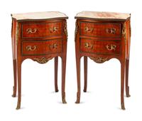 A Pair of Louis XV Style Gilt Bronze Mounted Parquetry Marble-Top Commodes