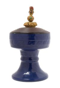 A Monochrome Blue Glazed Porcelain Tazza and Cover, Dou Height 11 inches.