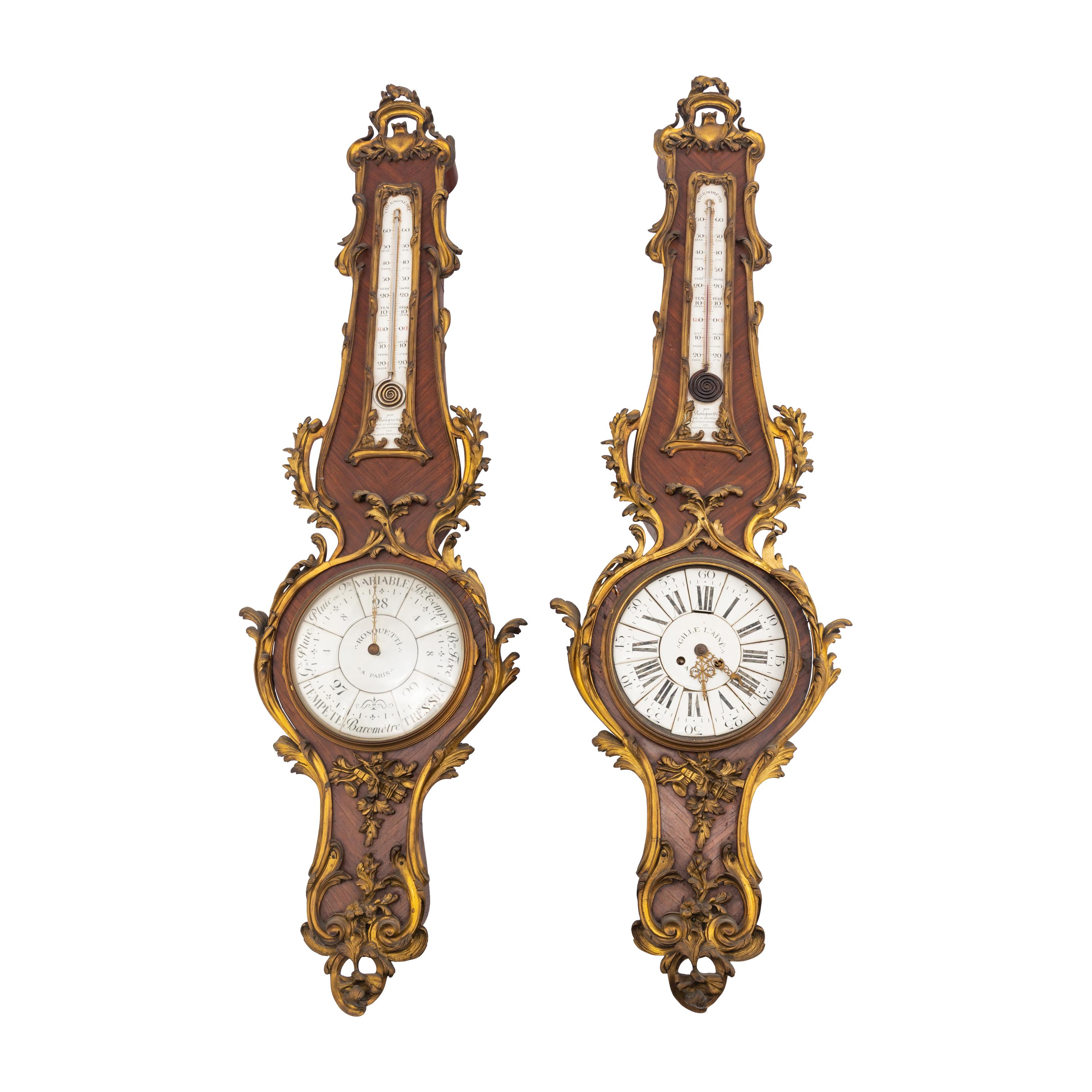 A Louis XV Style Gilt Bronze Mounted Kingwood Cartel Clock and Barometer