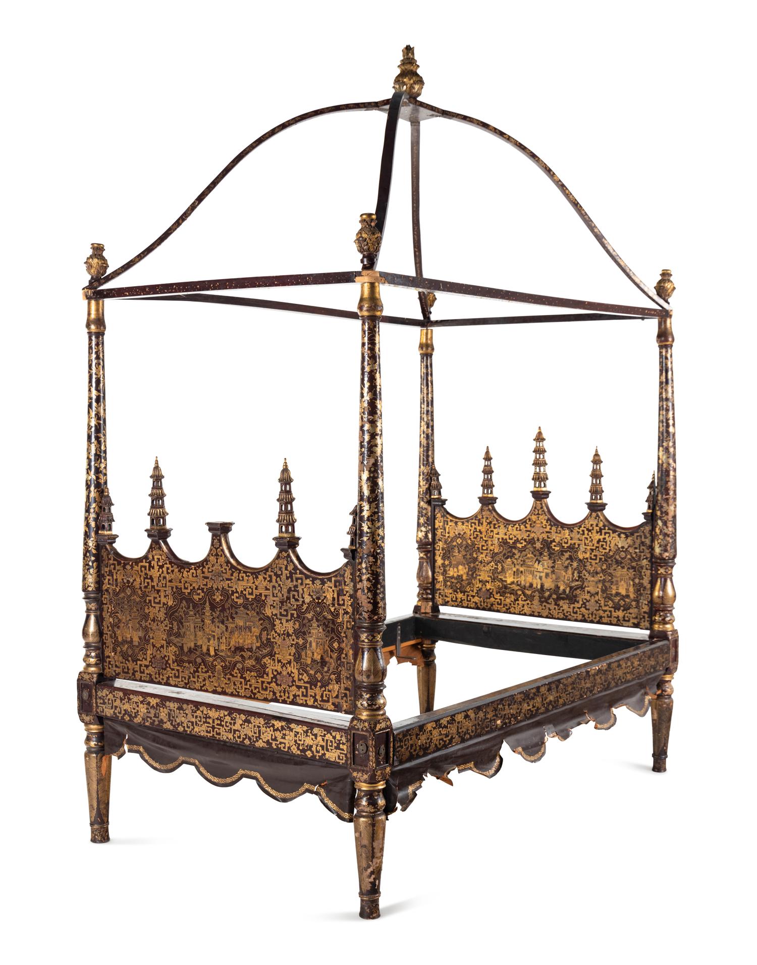A Chinese Export Brown and Gold Lacquer Four-Post Canopy Bed