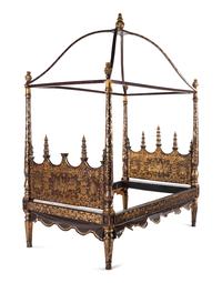 A Chinese Export Brown and Gold Lacquer Four-Post Canopy Bed