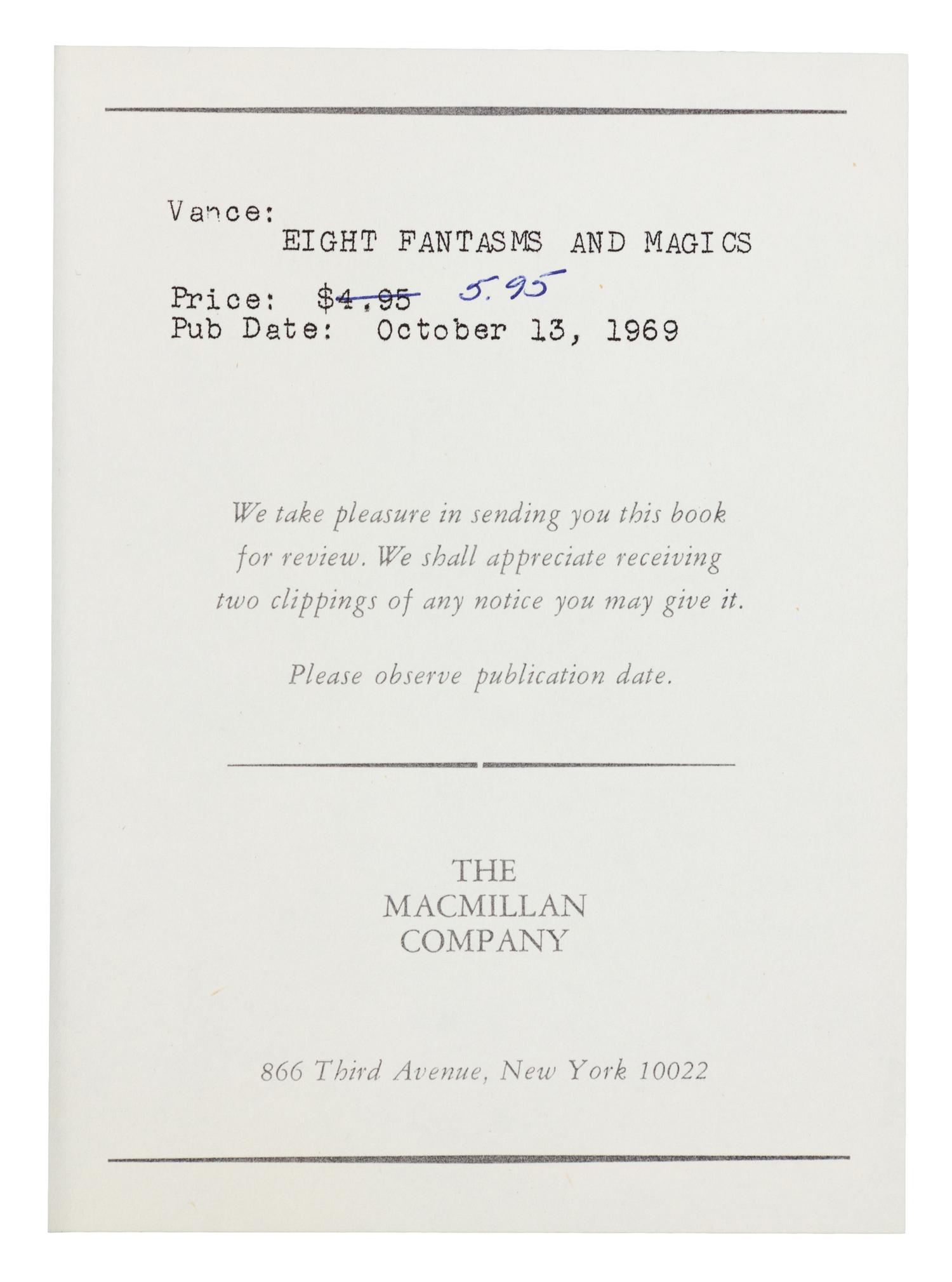 VANCE, Jack (1916-2013). Eight Fantasms and Magics: A Science Fiction Adventure. The MacMillan Company, 1969.