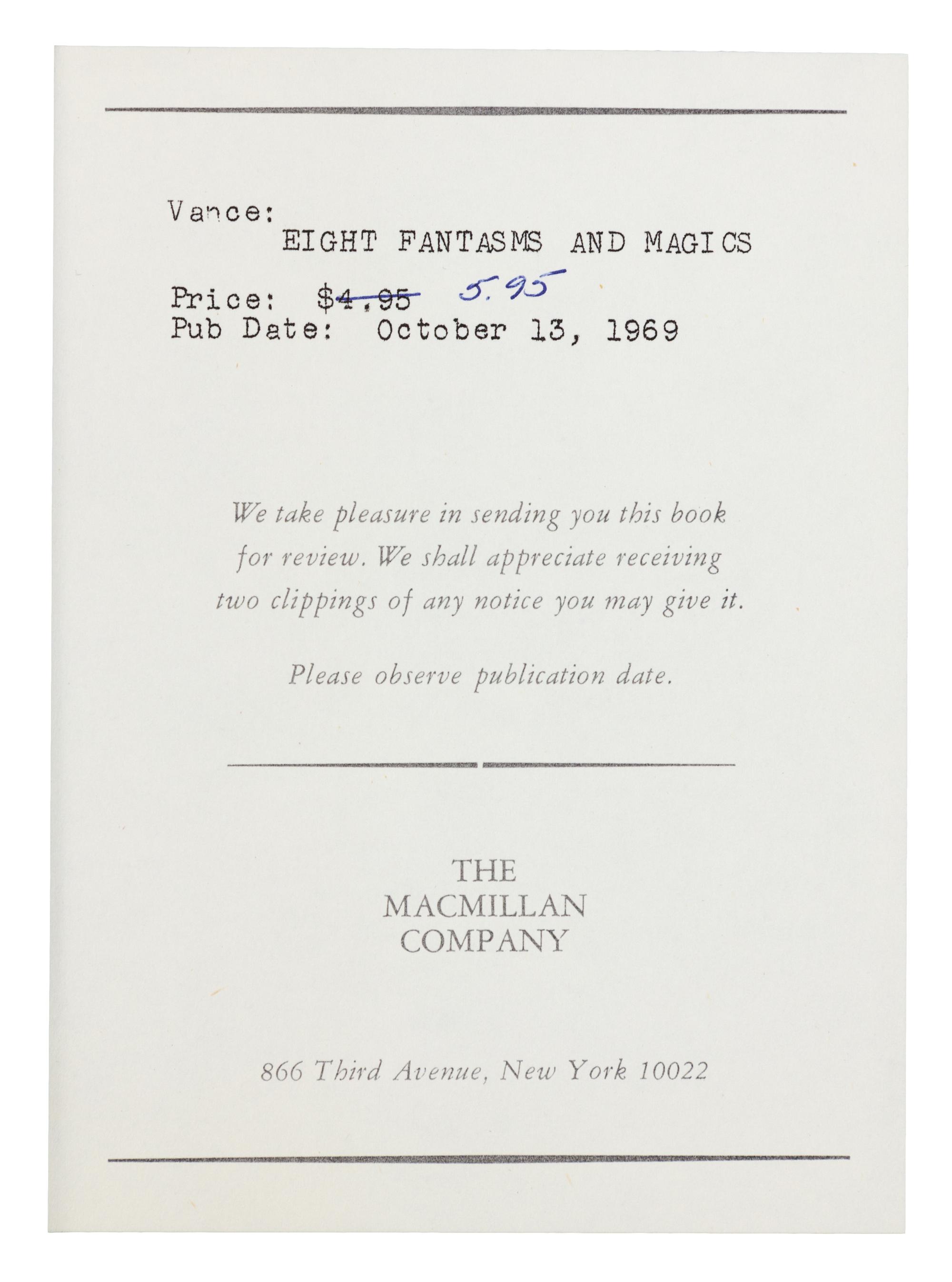 VANCE, Jack (1916-2013). Eight Fantasms and Magics: A Science Fiction Adventure. The MacMillan Company, 1969.