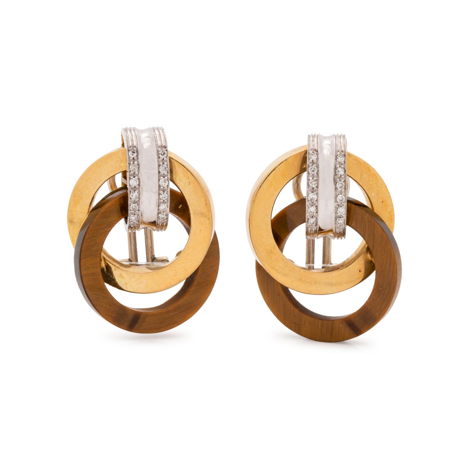 BICOLOR GOLD, TIGER'S EYE AND DIAMOND EARCLIPS