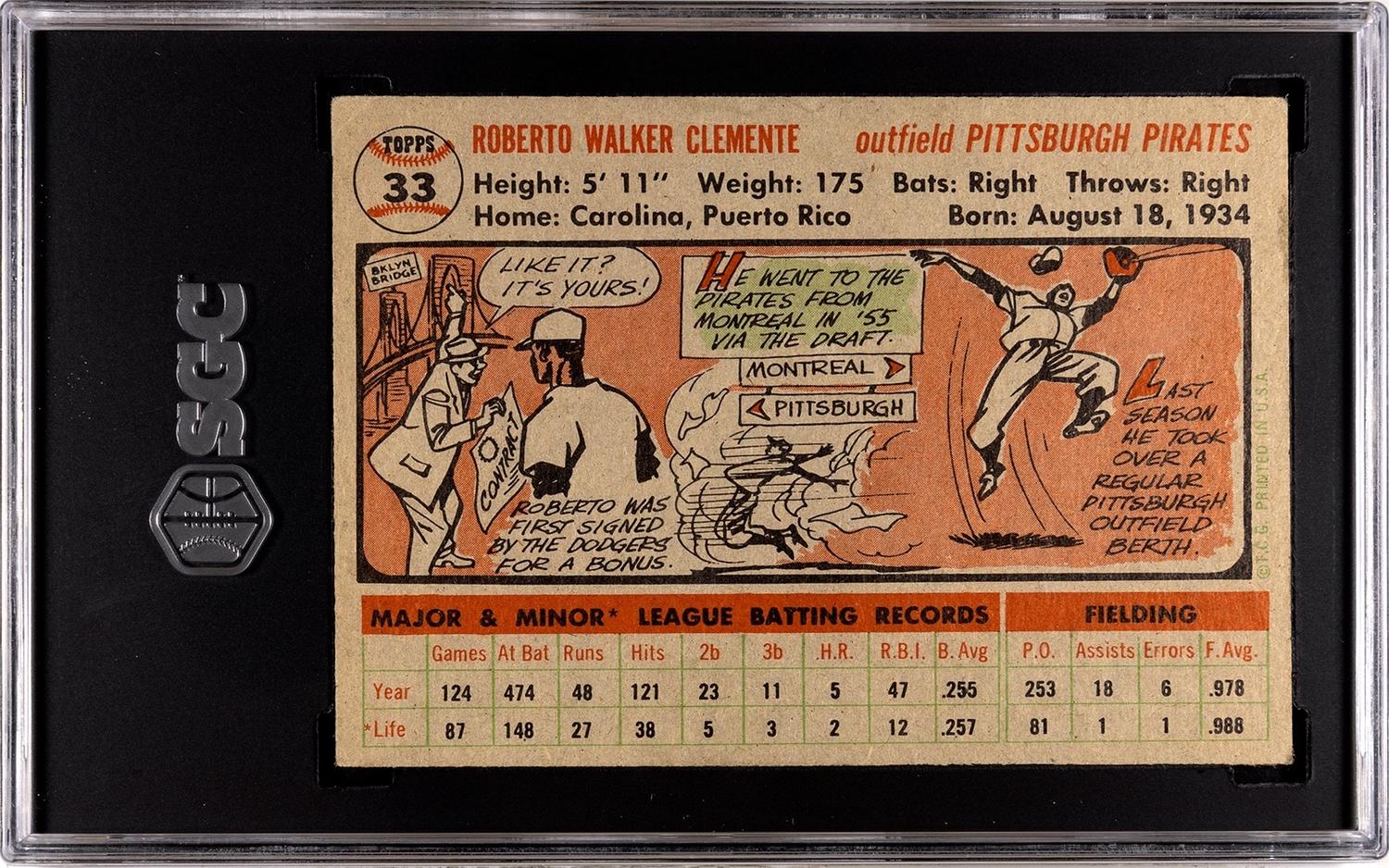 A 1956 Topps Roberto Clemente Baseball Card No. 33 Gray Back (SGC 5 EX)