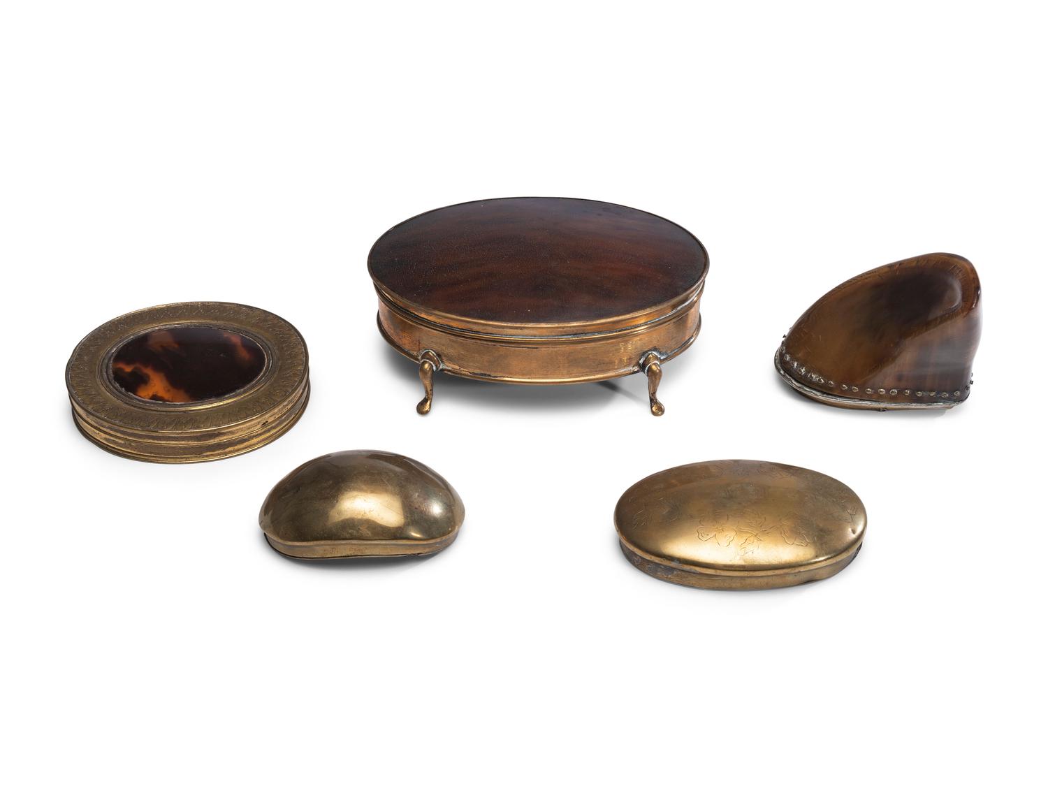Five Brass Snuff and Trinket Boxes