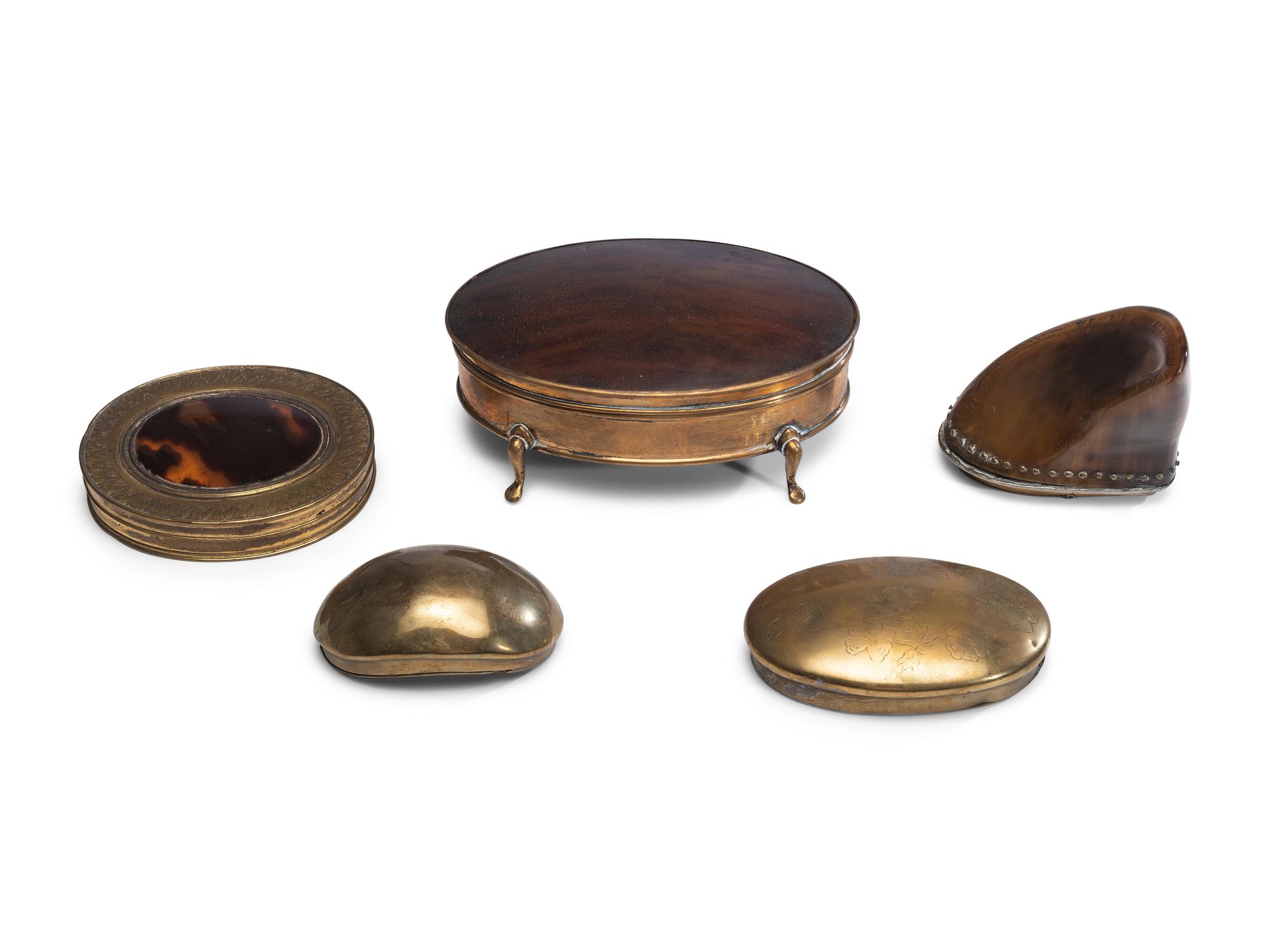 Five Brass Snuff and Trinket Boxes