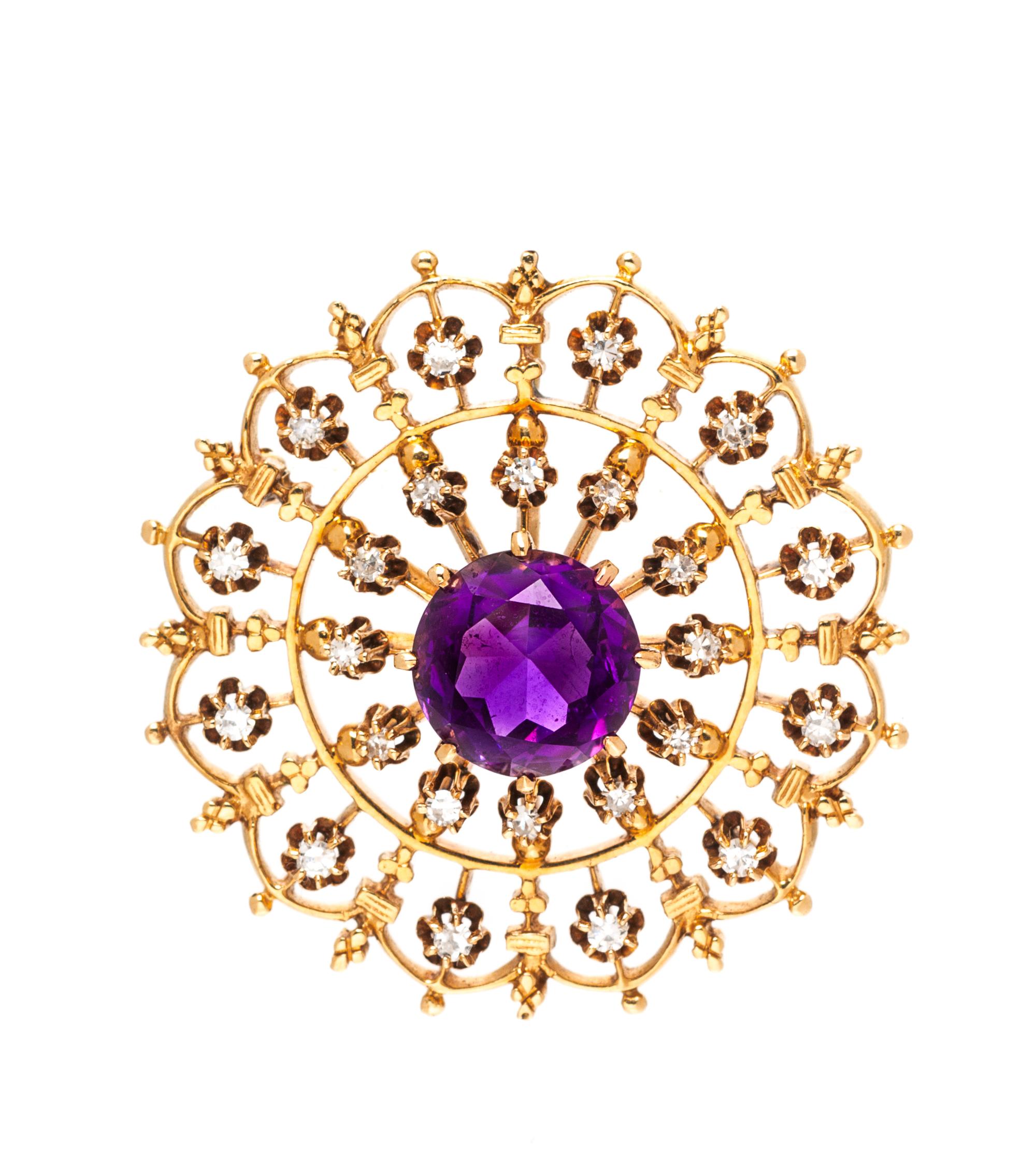 A Yellow Gold, Amethyst and Diamond Pendant/Brooch, 11.40 dwts.