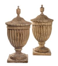 A Pair of American Carved Pine Urns, Height 24 inches.