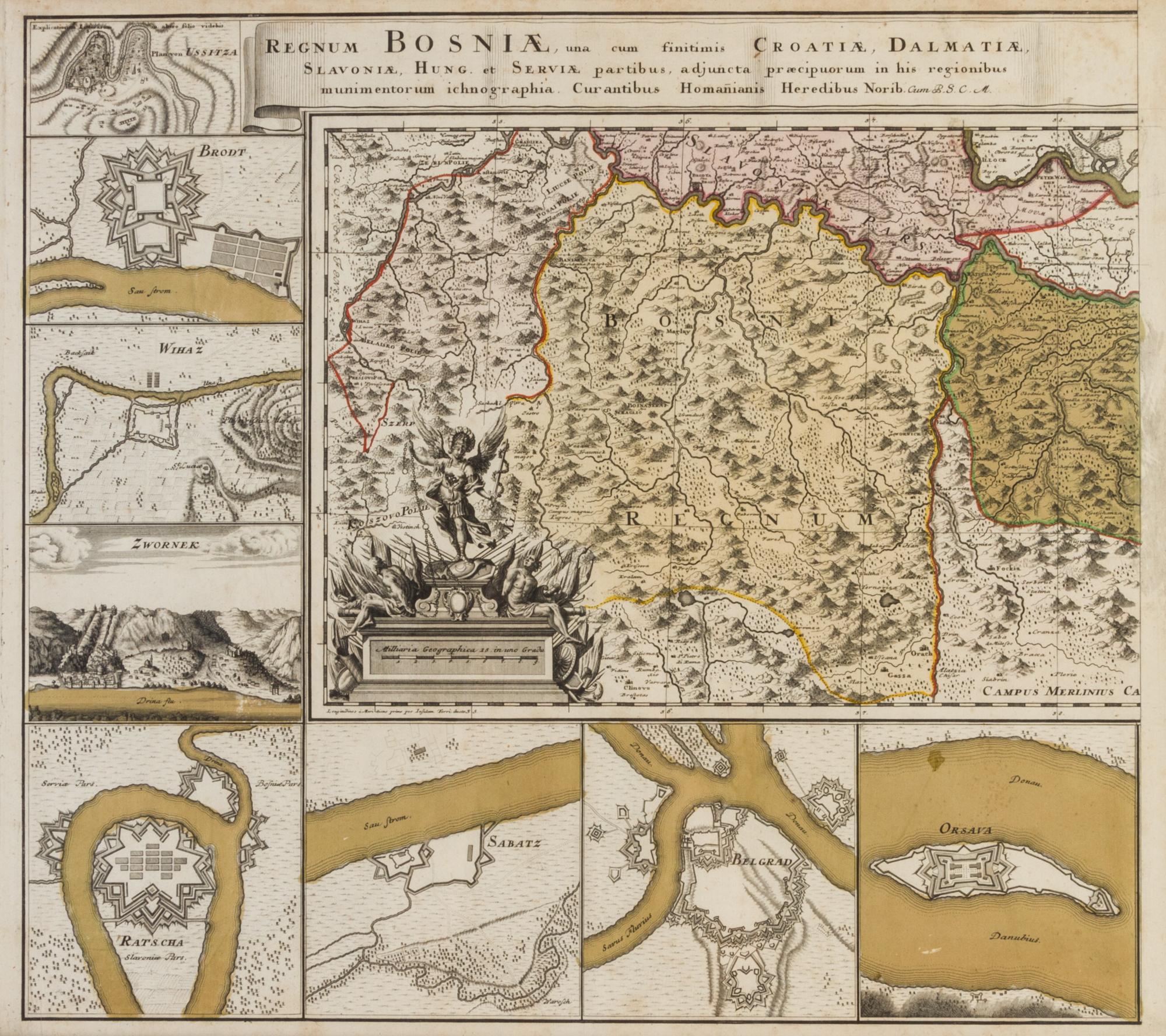 (MAP) HOMANN HEIRS, after. Regnum Bosniae... [Nuremberg, c. 1738] Engraved map with later hand-coloring.