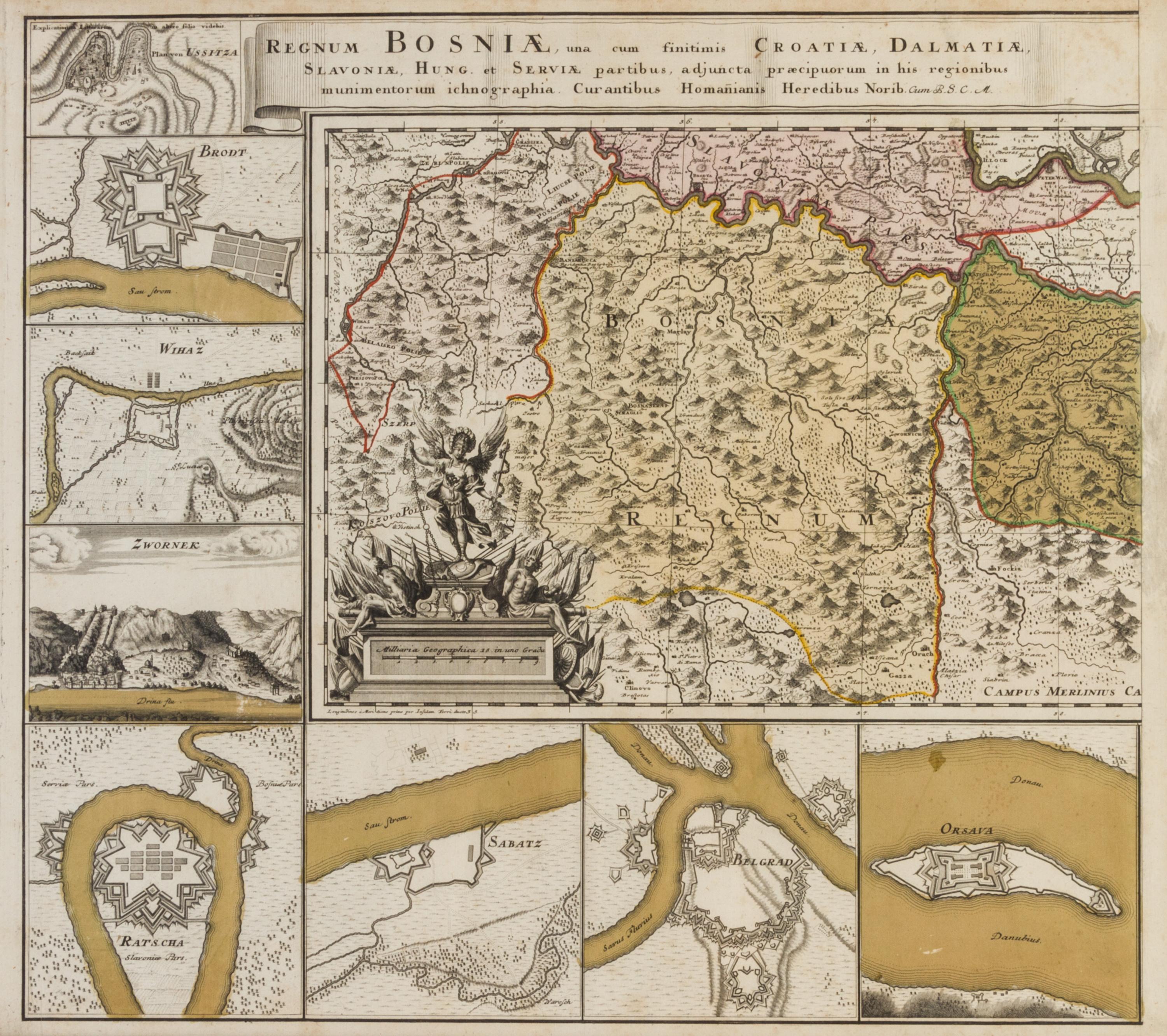 (MAP) HOMANN HEIRS, after. Regnum Bosniae... [Nuremberg, c. 1738] Engraved map with later hand-coloring.