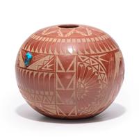 Award-Winning Sgraffito Redware Seed Jar, with Turquoise Cabochon