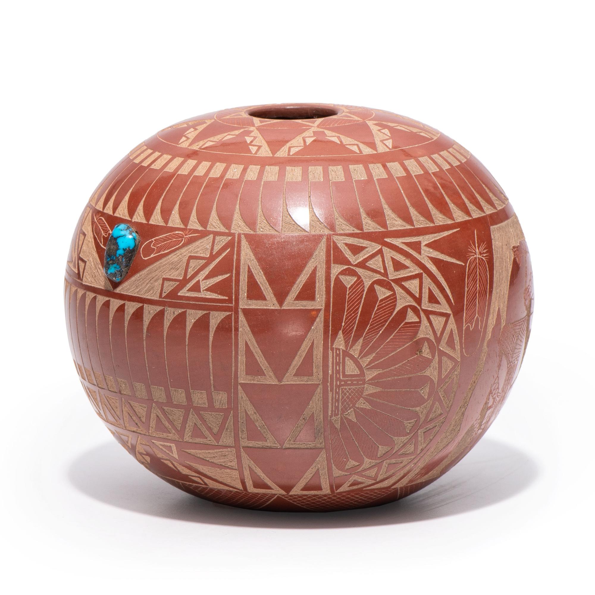Award-Winning Sgraffito Redware Seed Jar, with Turquoise Cabochon