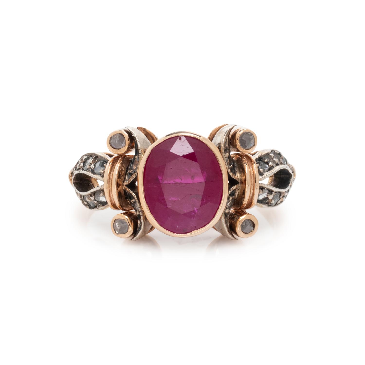 SILVER-TOPPED GOLD, RUBY AND DIAMOND RING