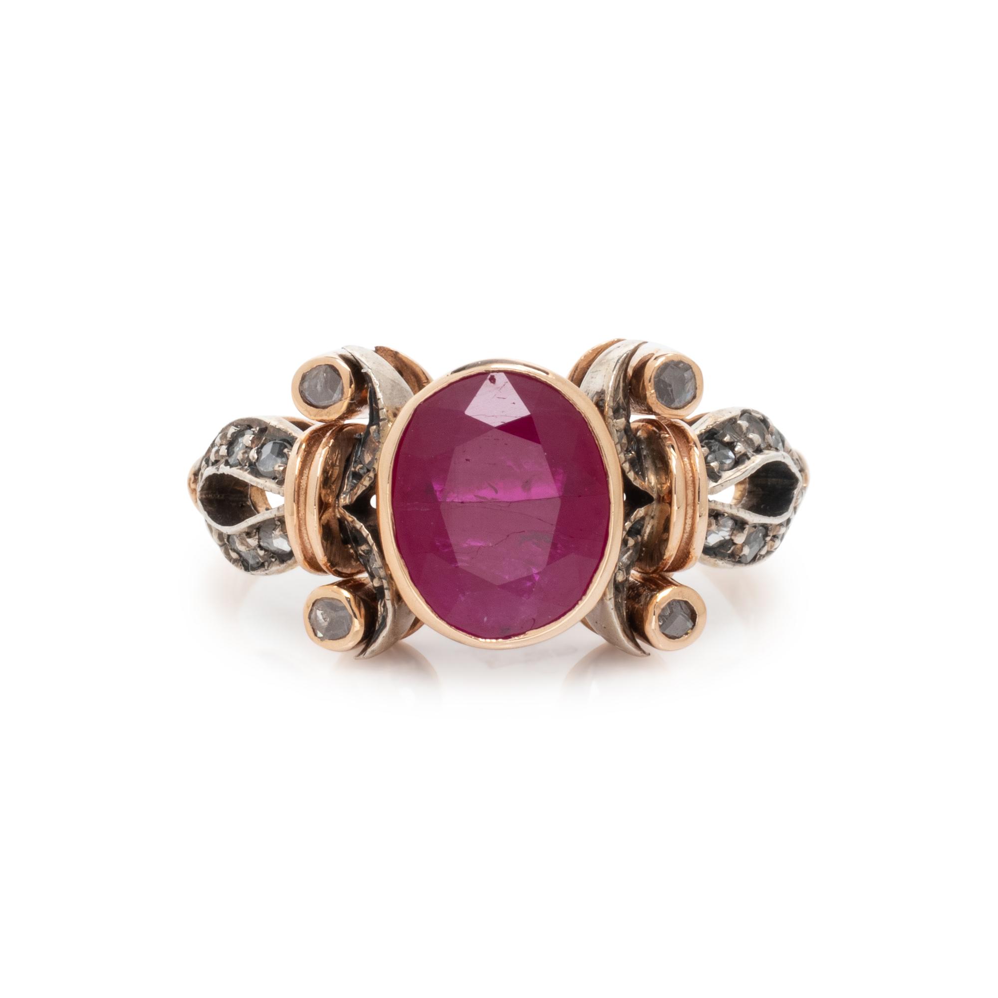 SILVER-TOPPED GOLD, RUBY AND DIAMOND RING