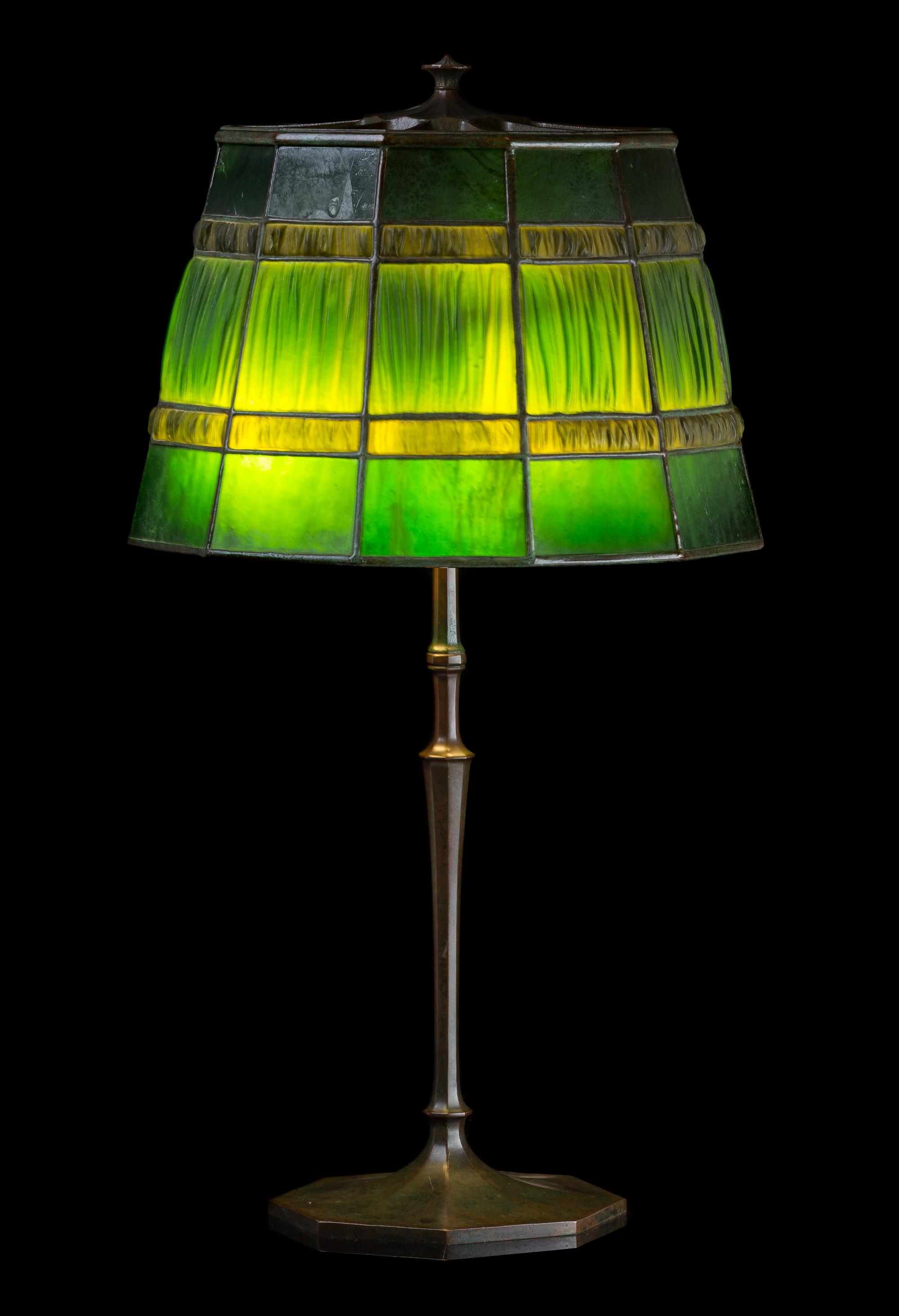 Tiffany Studios, a linenfold table lamp, Height 27 x shade diameter 15 inches