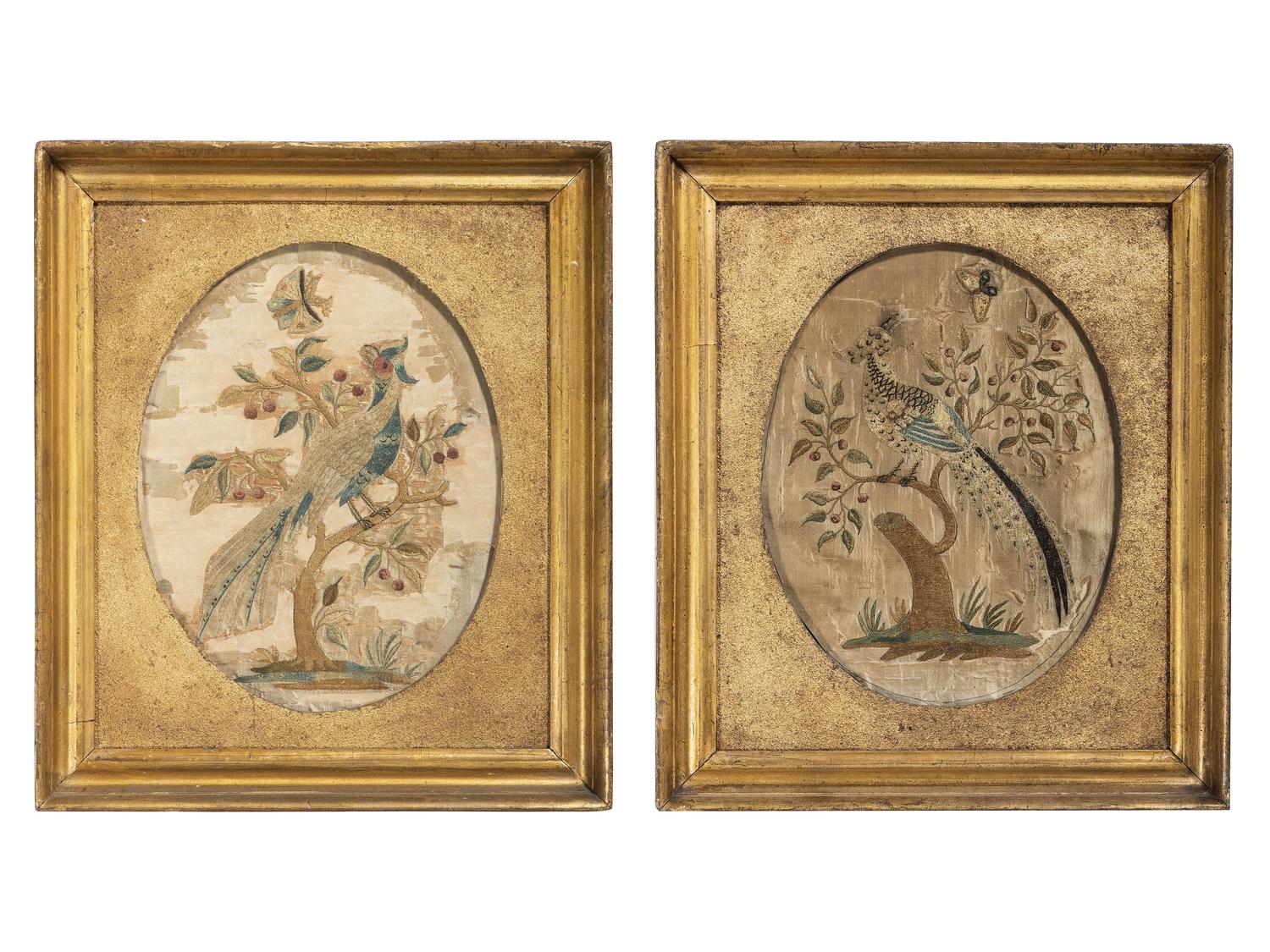 A Pair of Needlework Embroidered Pictures of Perched Birds with Butterflies