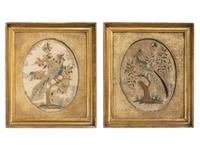 A Pair of Needlework Embroidered Pictures of Perched Birds with Butterflies