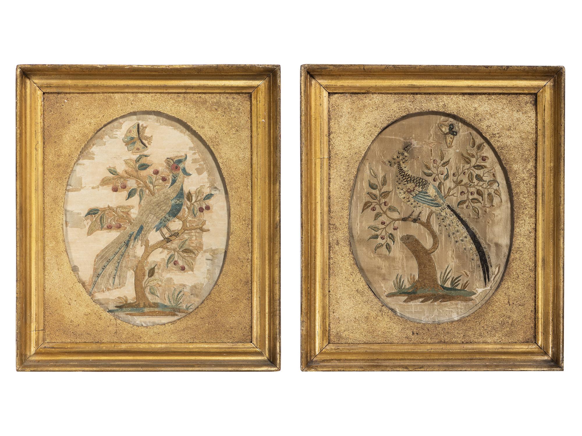 A Pair of Needlework Embroidered Pictures of Perched Birds with Butterflies