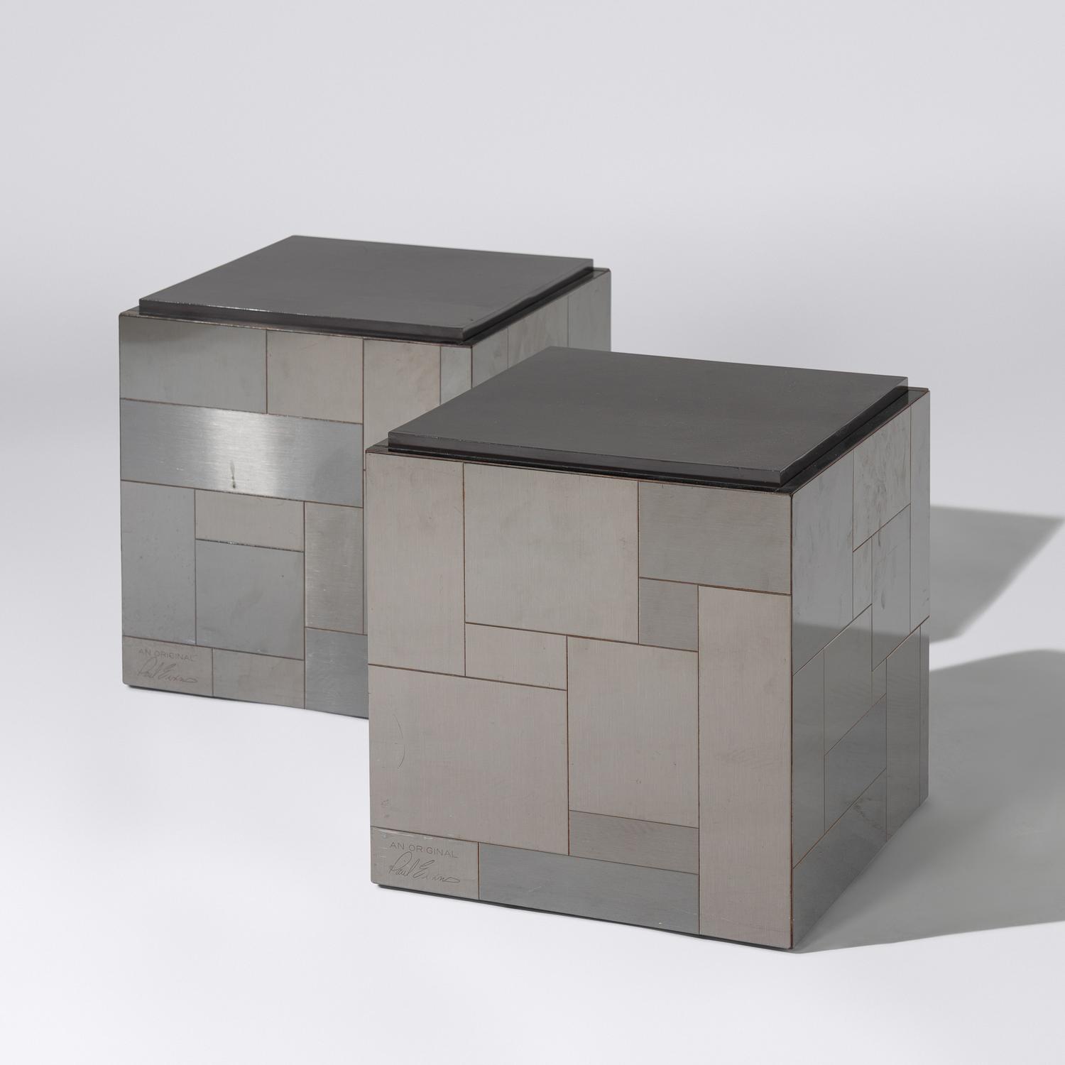 Pair of Cityscape cube tables, gunmetal finish