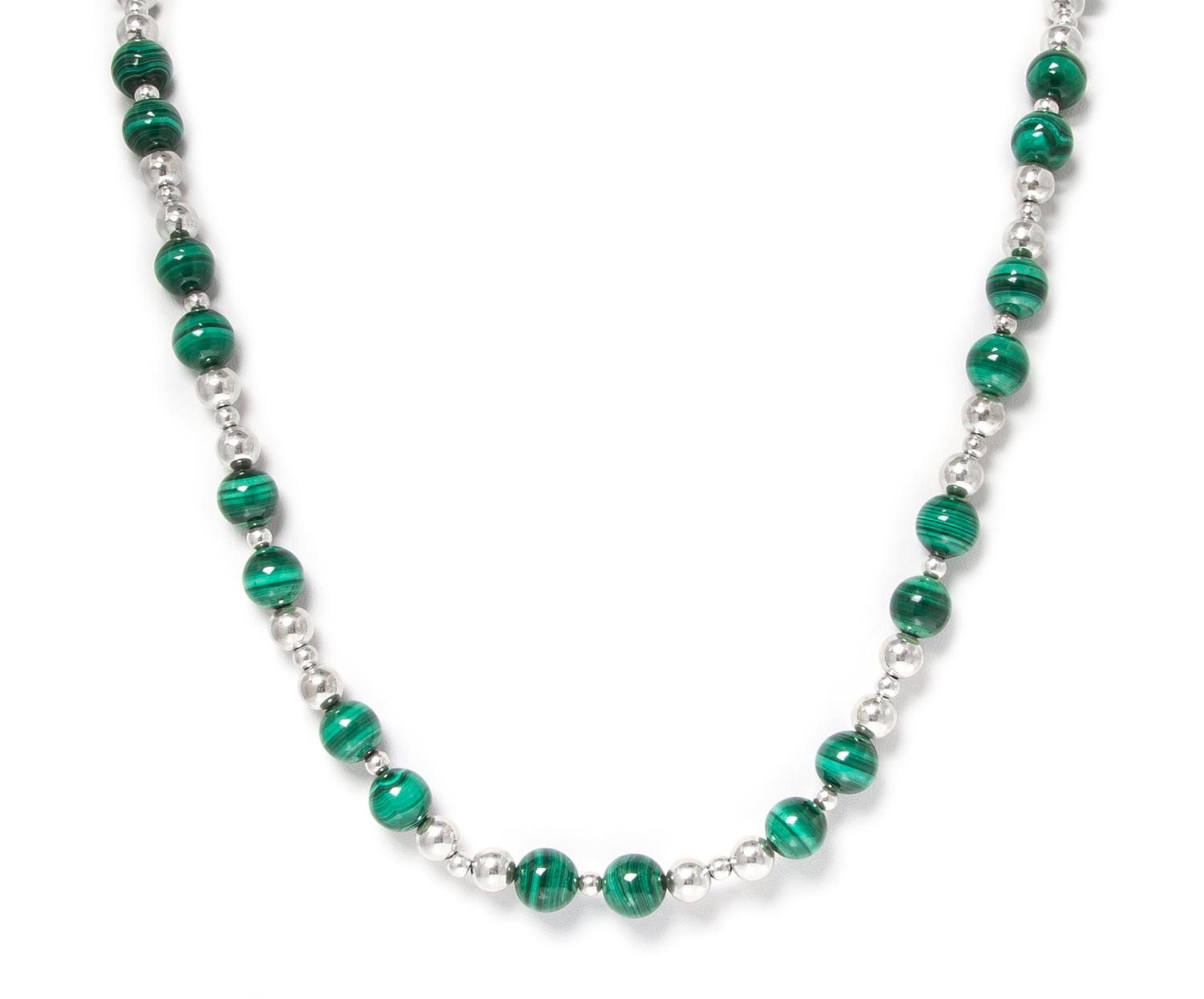 A Silver and Malachite Bead Necklace, 55.60 dwts.