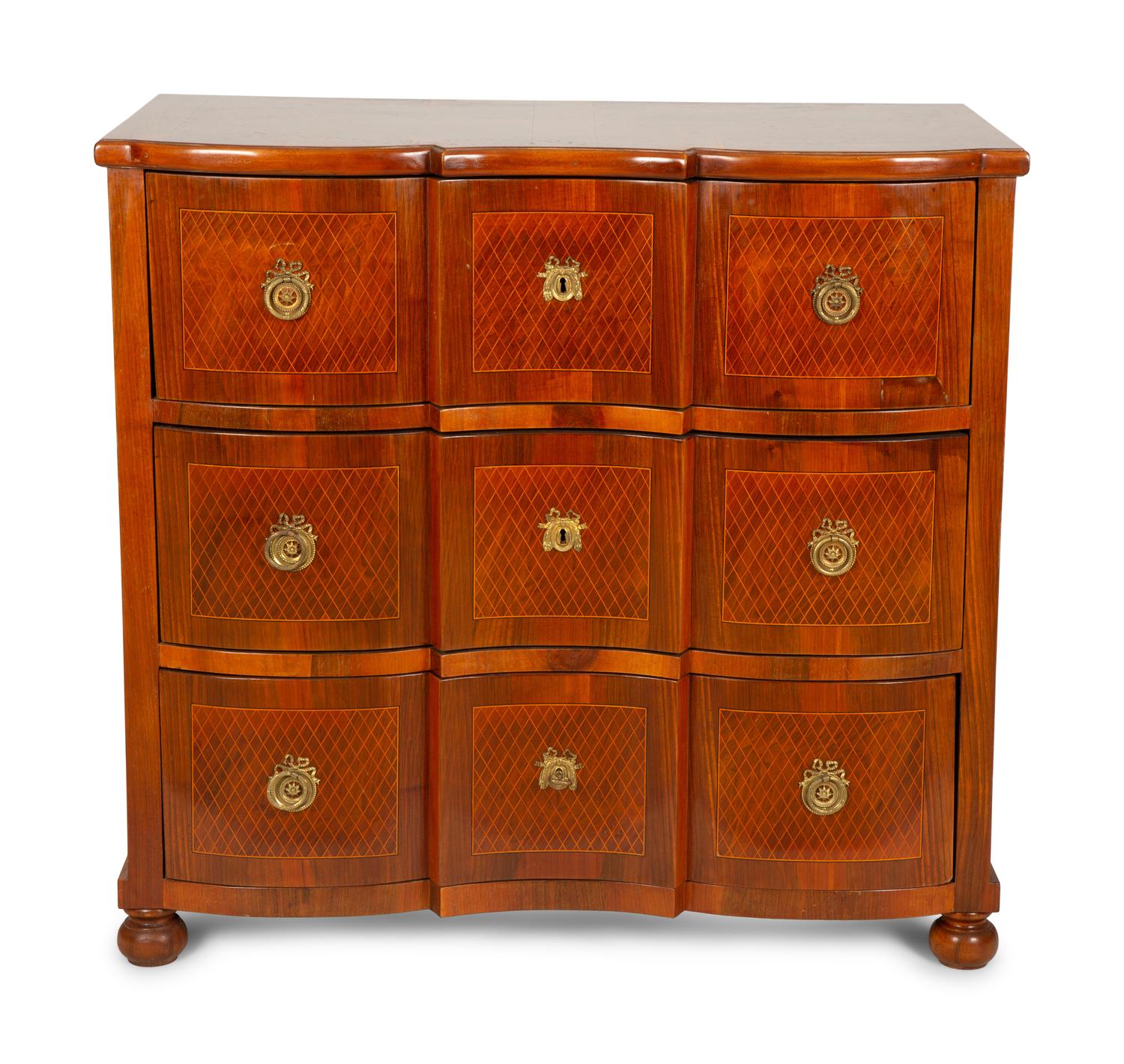 An Italian Baroque Style Parquetry Walnut Block Front Commode — 19th Century