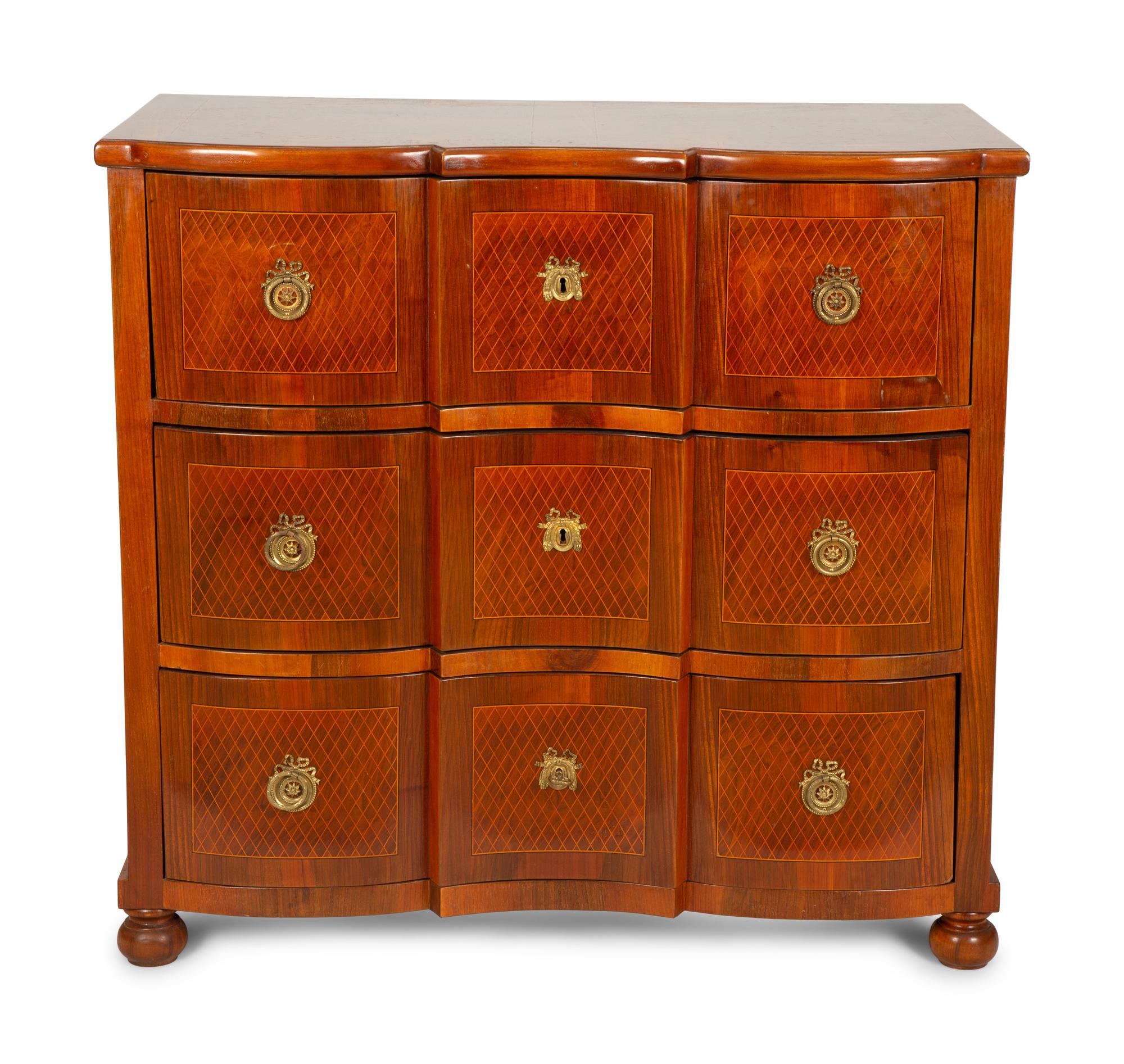 An Italian Baroque Style Parquetry Walnut Block Front Commode — 19th Century