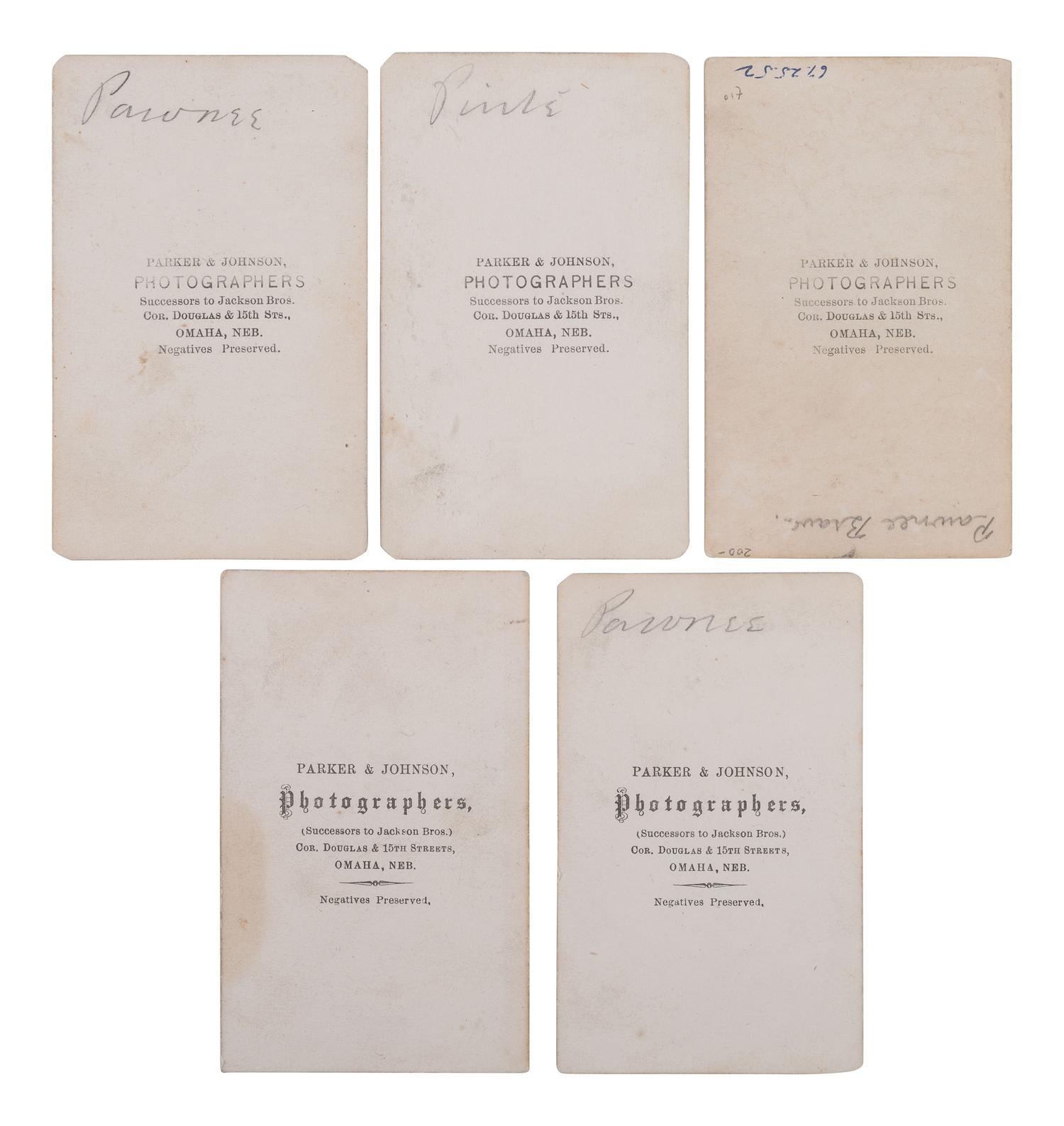 [JACKSON, William Henry (1843-1942), photog.]. Five CDVs of Pawnee Indians, incl. Long Dog. Omaha, NE: Parker and Johnson, ca early 1870s.