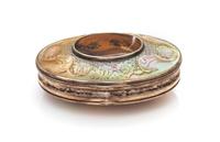 A Continental Silver, Abalone and Agate Inset Snuff Box, 19th/20th Century, of oval form, the abalone lid carved with floral and shell