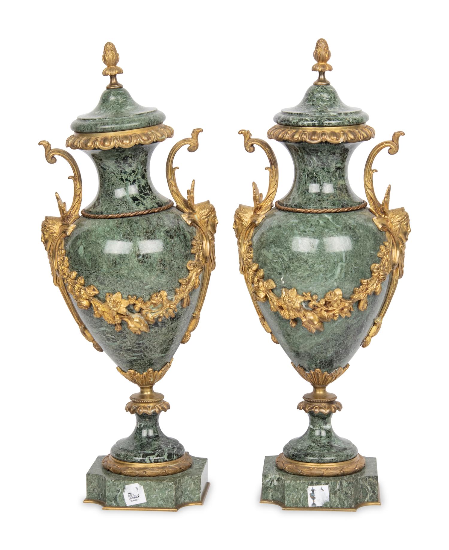 A Pair of French Gilt Bronze Mounted Marble Urns