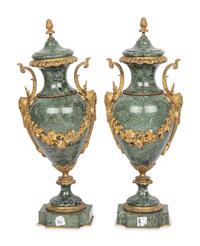 A Pair of French Gilt Bronze Mounted Marble Urns