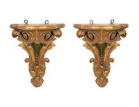 A Pair of Continental Parcel Gilt and Green-Painted Large Wall Brackets