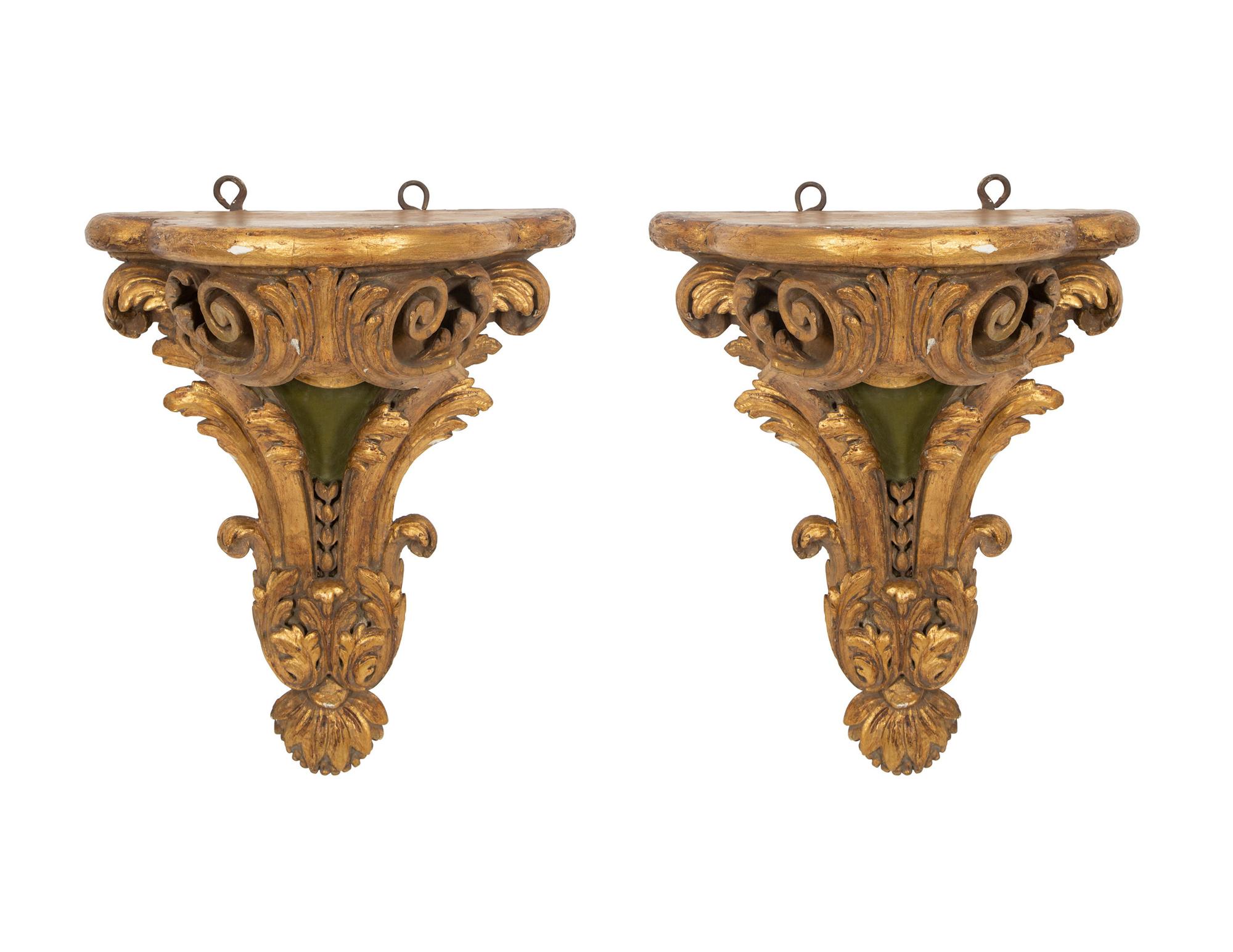 A Pair of Continental Parcel Gilt and Green-Painted Large Wall Brackets