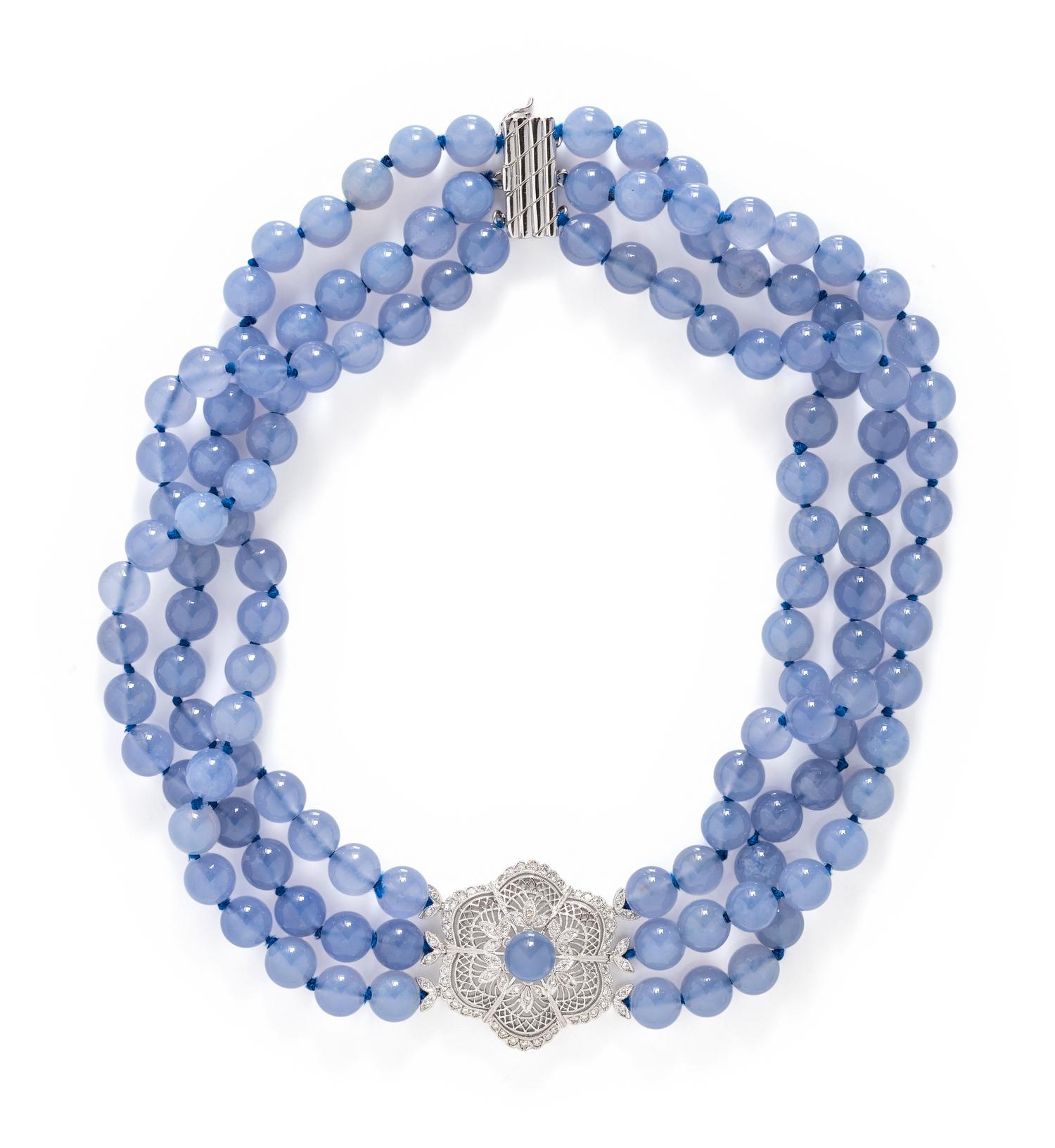 WHITE GOLD, CHALCEDONY AND DIAMOND MULTISTRAND BEAD NECKLACE