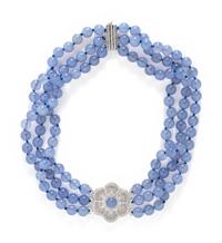 WHITE GOLD, CHALCEDONY AND DIAMOND MULTISTRAND BEAD NECKLACE