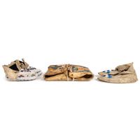 Northern Plains Child's Beaded Hide Moccasins and Miniature Painted Parfleche Envelope